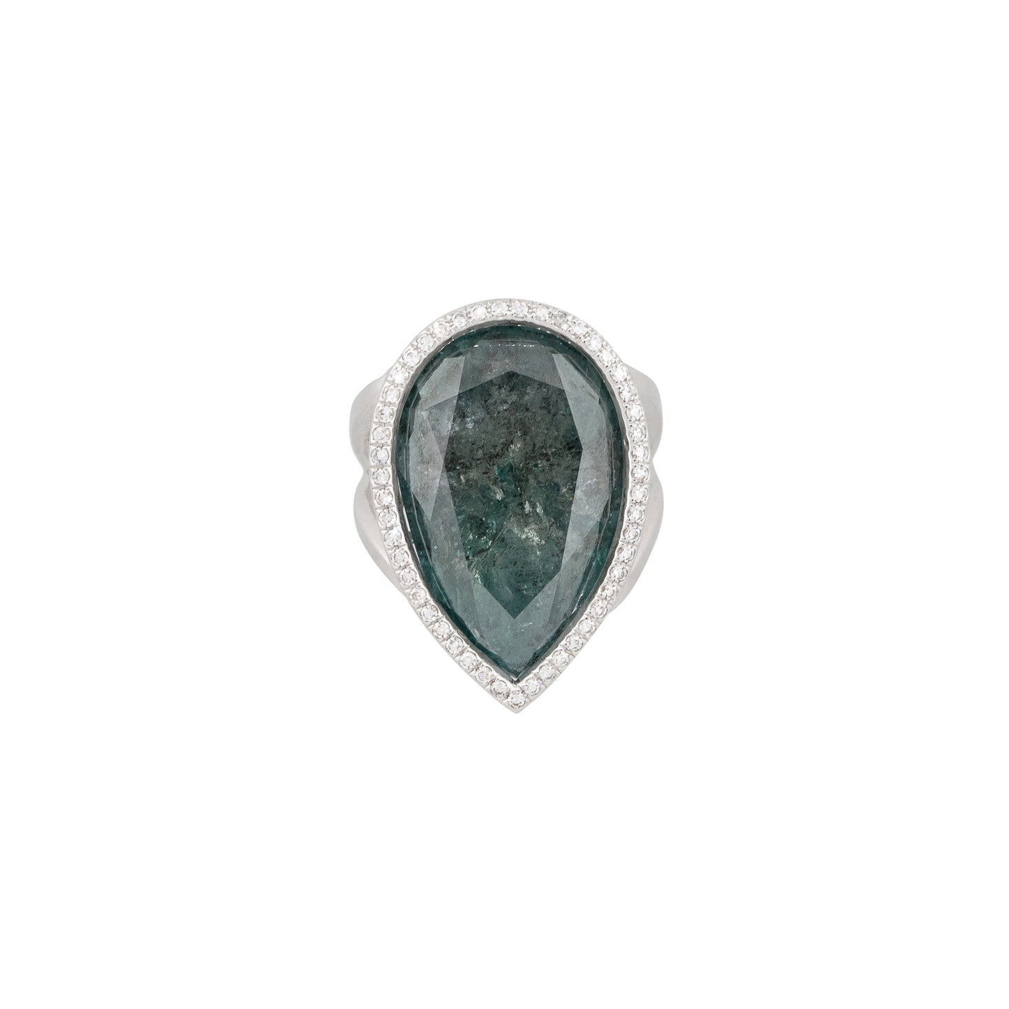 14k White Gold 25.91ctw Blue Green Pear Shaped Diamond Halo Ring