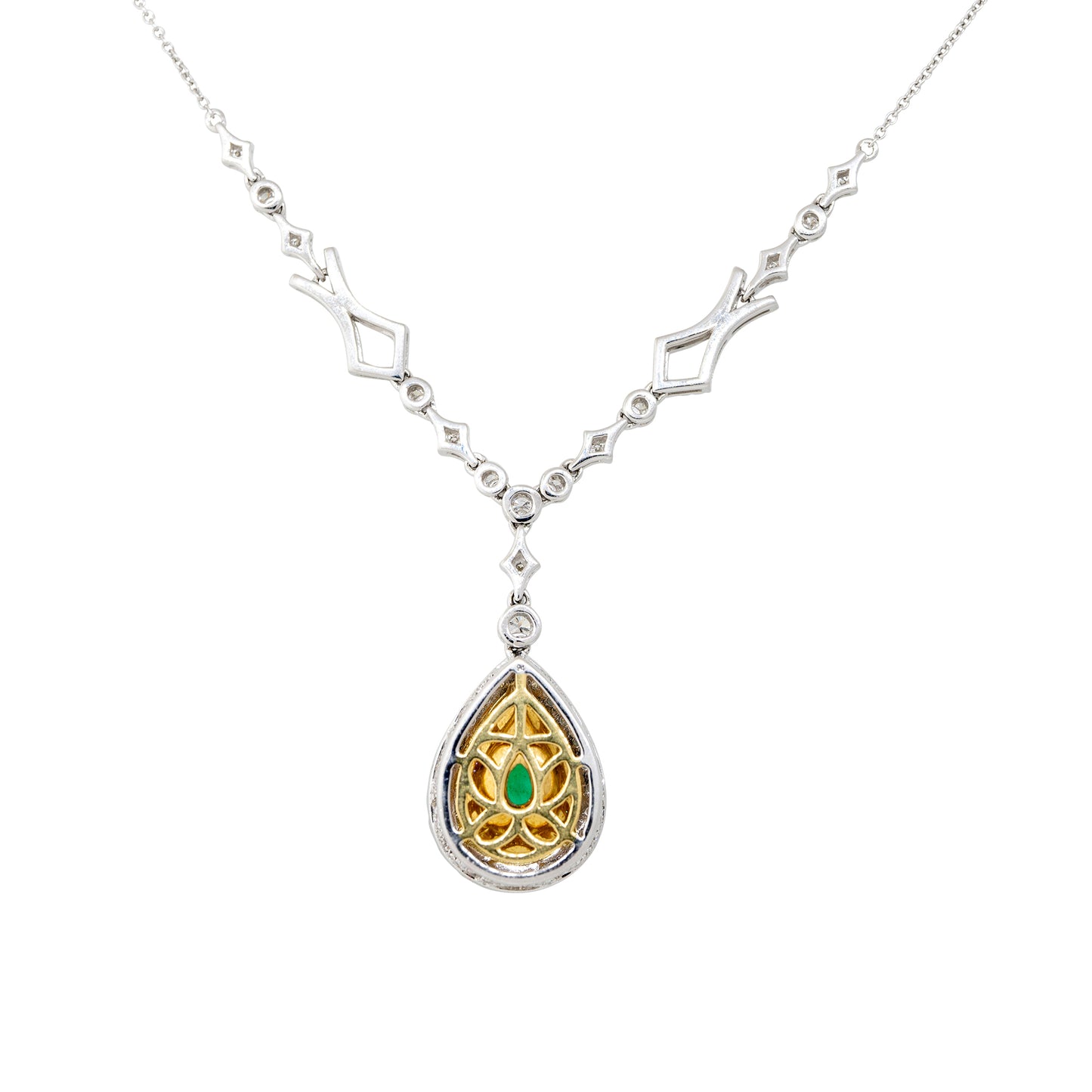 GIA 18k Two-Tone Gold 5.80ctw Pear-Shape Emerald & 1.31ctw Diamond Halo Drop Necklace
