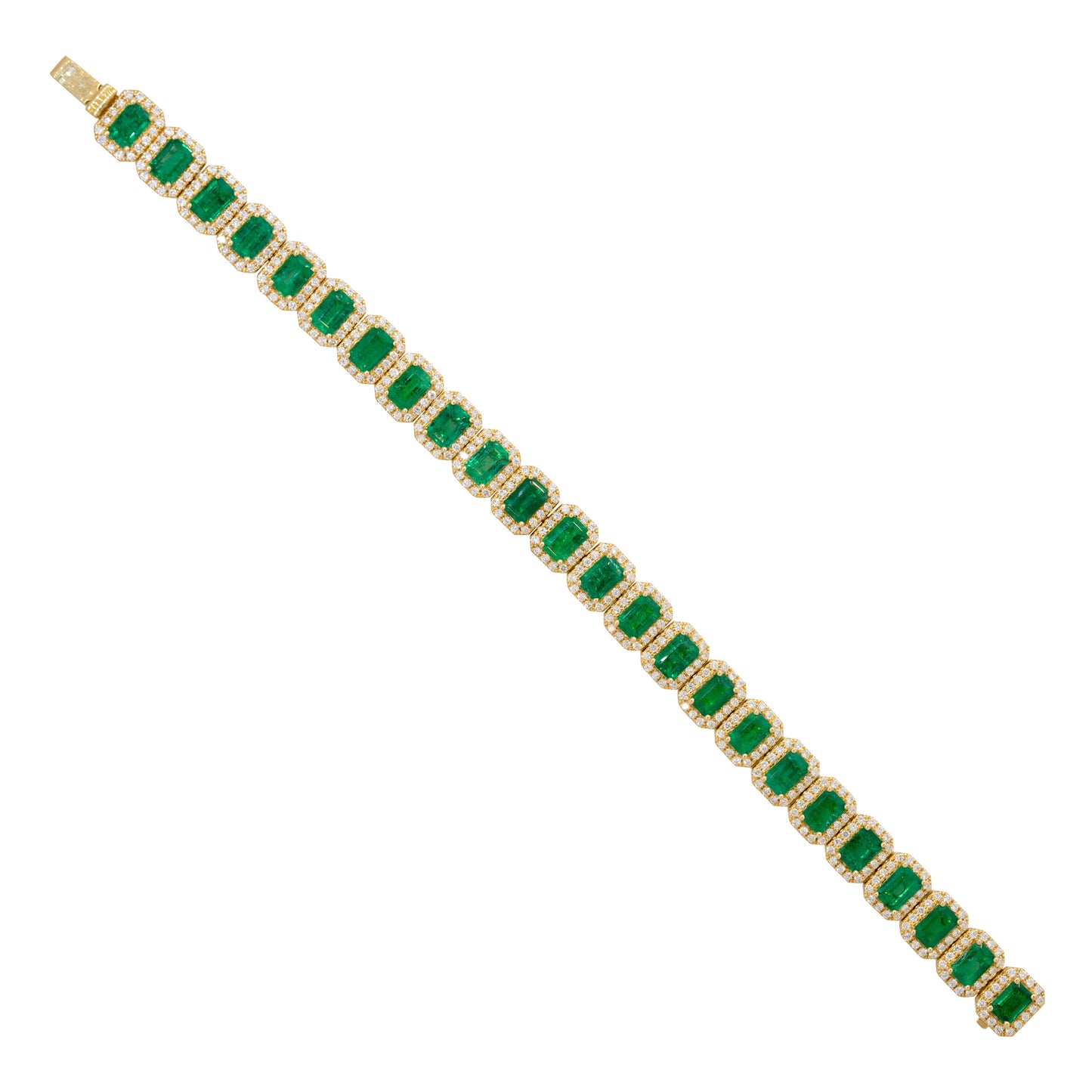 18k Yellow Gold 13.43ct Emerald & 2.76ct Round Brilliant Cut Diamond Halo Bracelet