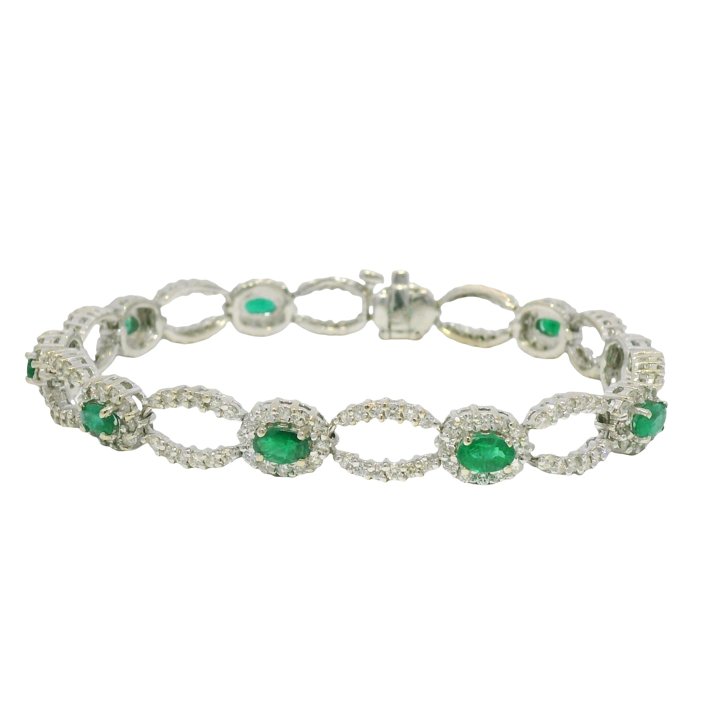 14k White Gold Natural Emerald & Diamond Open Link Bracelet