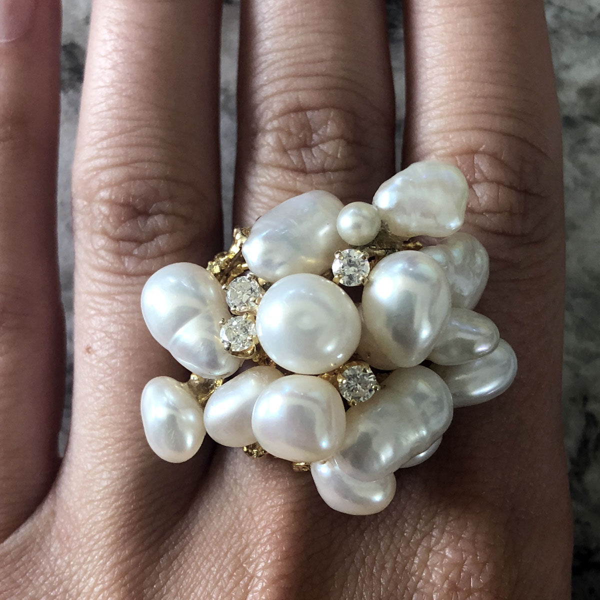 14k Yellow Gold Baroque Pearl and 0.40ctw Diamond Cluster Ring