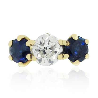 14k Yellow Gold Sapphire and Old Euro Diamond Ring