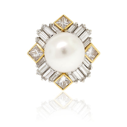 18k Two Tone 2.20ctw Diamond and Pearl Ring
