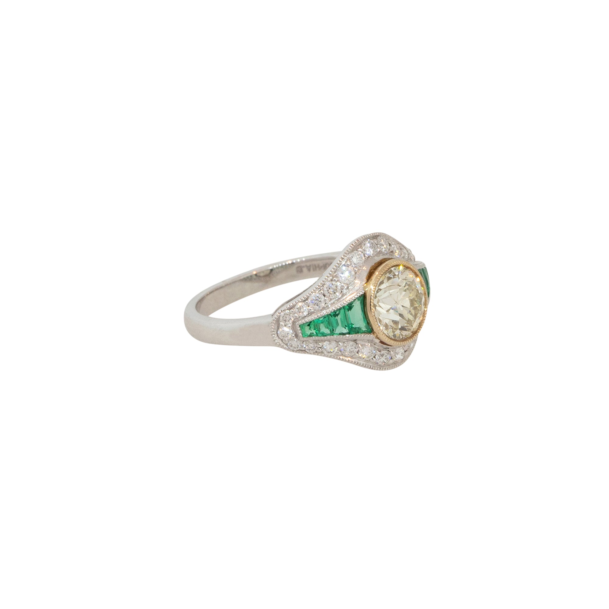 Platinum 1.46ctw Diamond and Emerald Art Deco Ring  