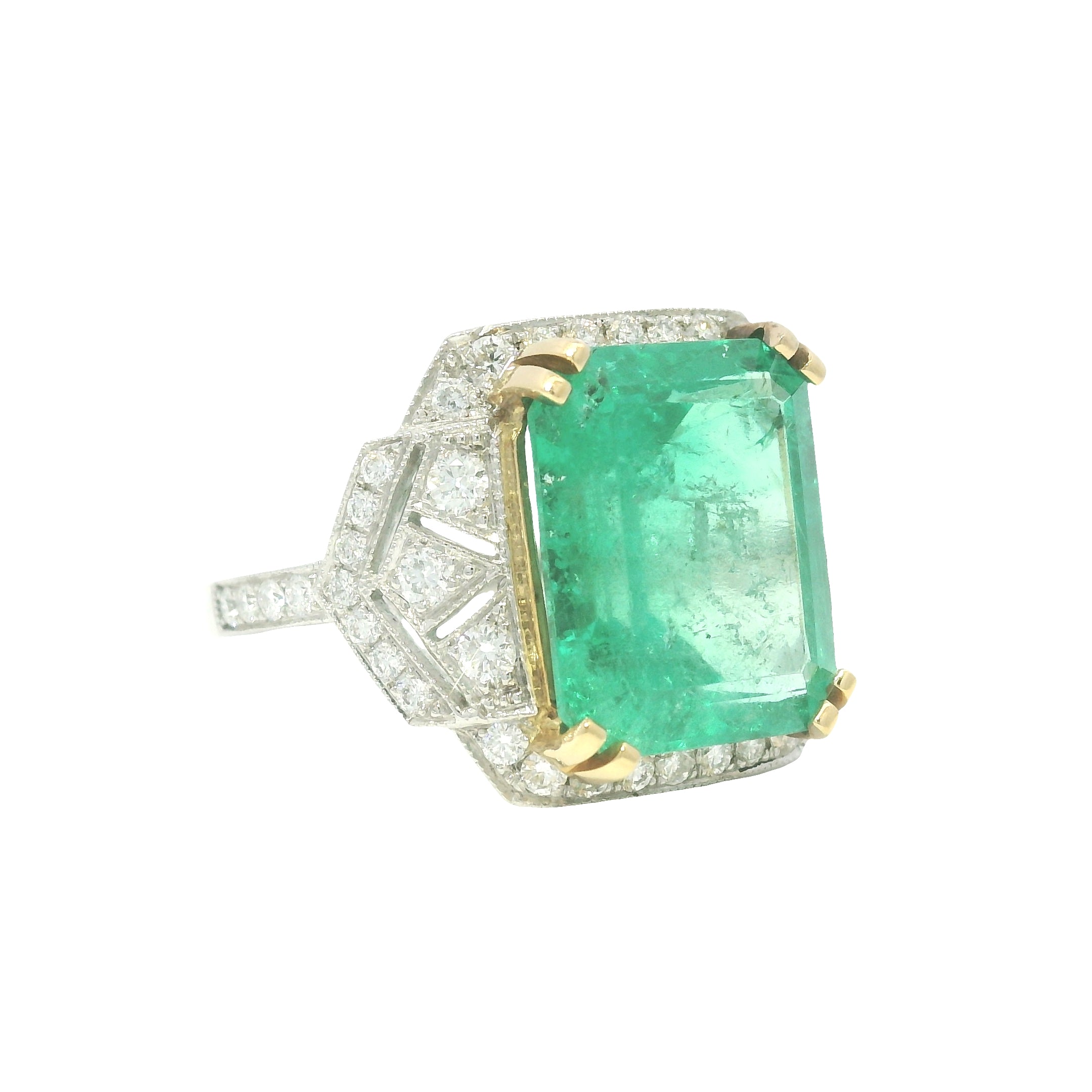 Platinum Natural 7.19 Carat Emerald & Diamond Art Deco Ring