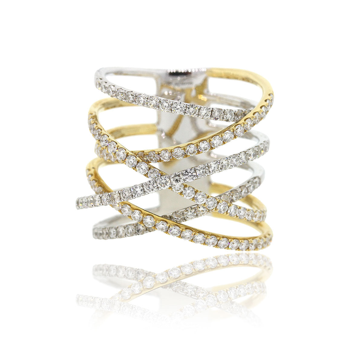 18k Two Tone 1.70ctw Diamond Multi Row Crossover Ring