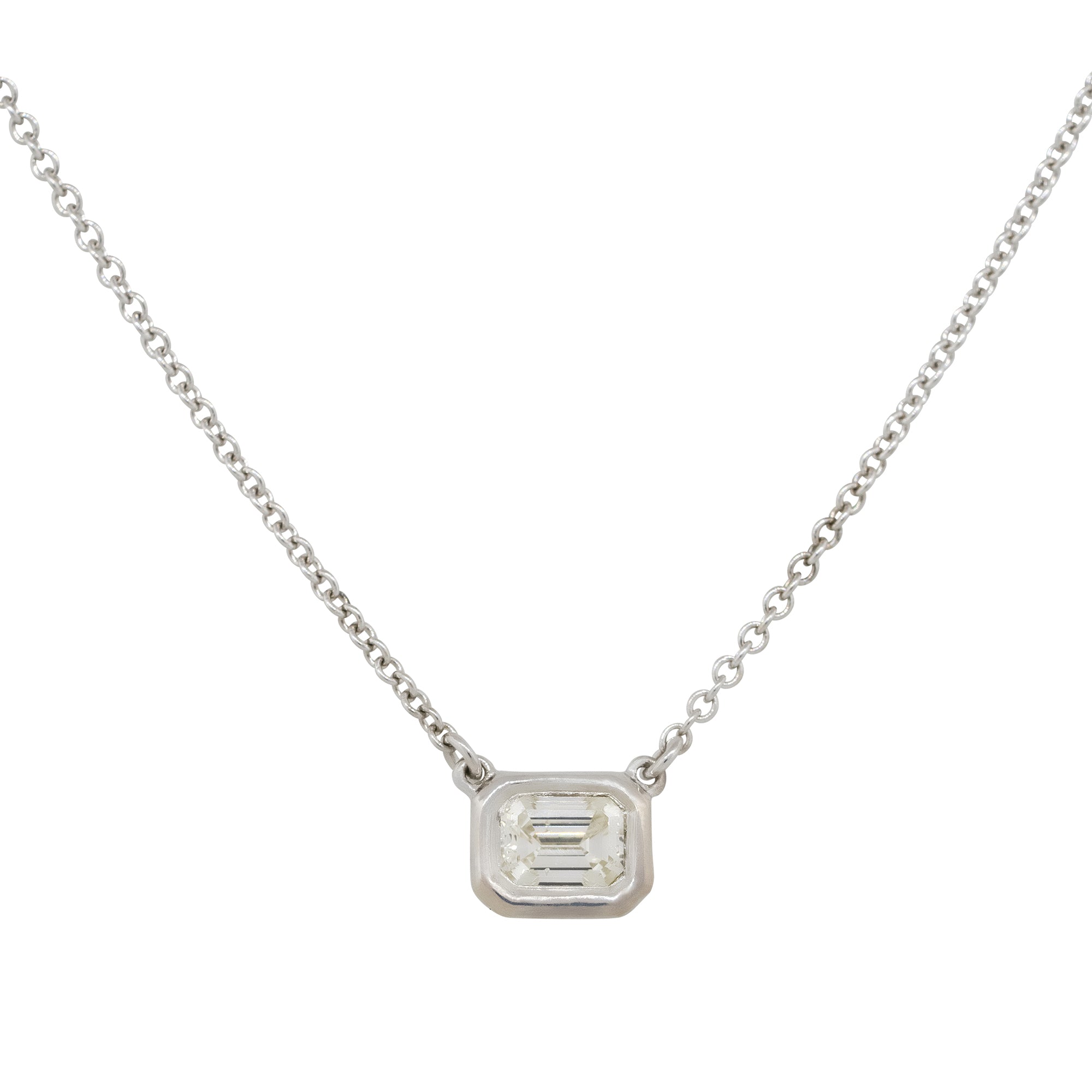 18k White Gold 0.44ctw Emerald Cut Bezel Set Pendant Necklace