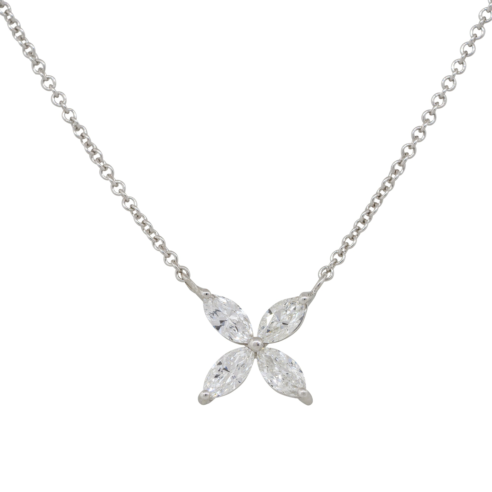 14k White Gold 0.62ctw Marquise Diamond Flower Pendant Necklace