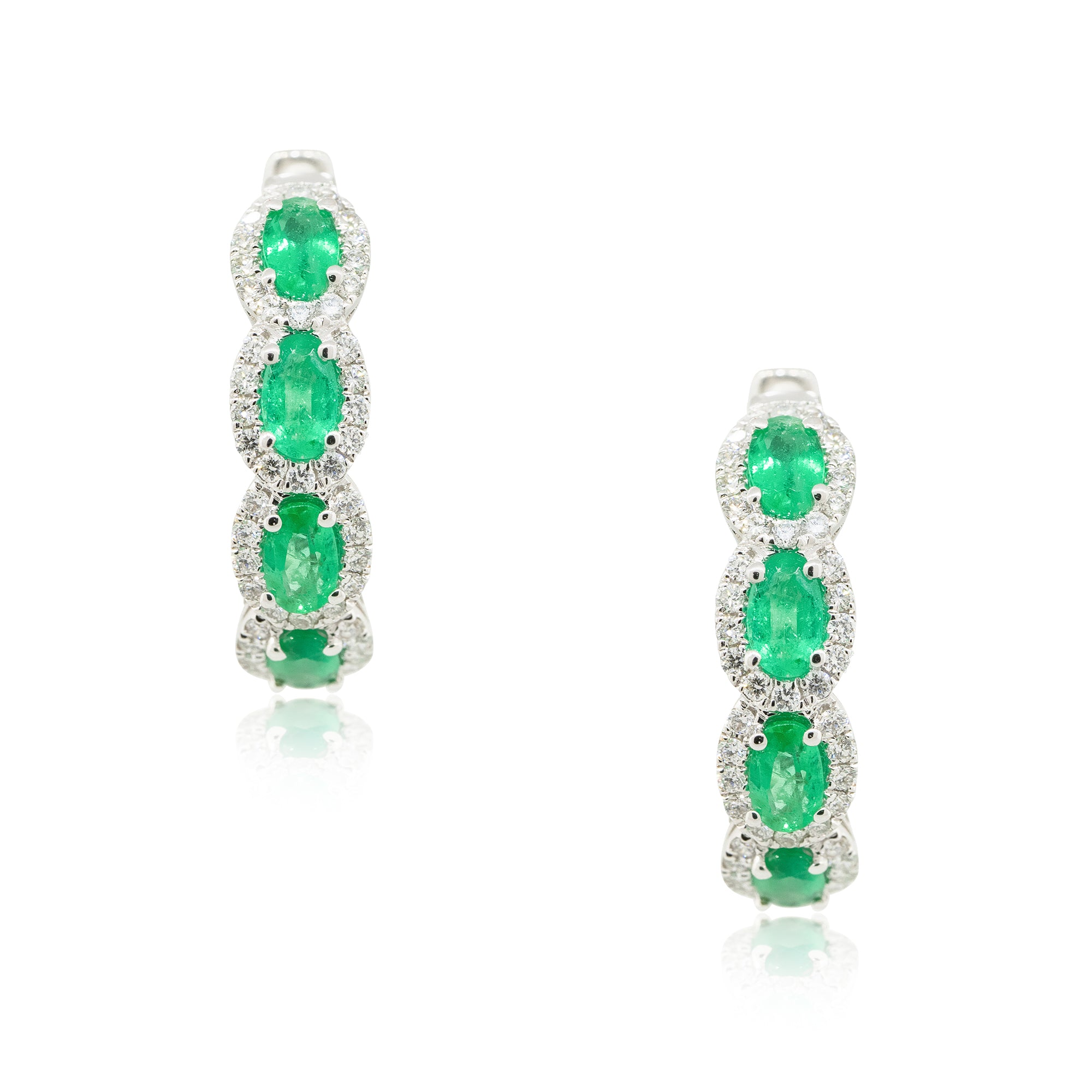 18k White Gold Emerald and Diamond Hoop Earrings