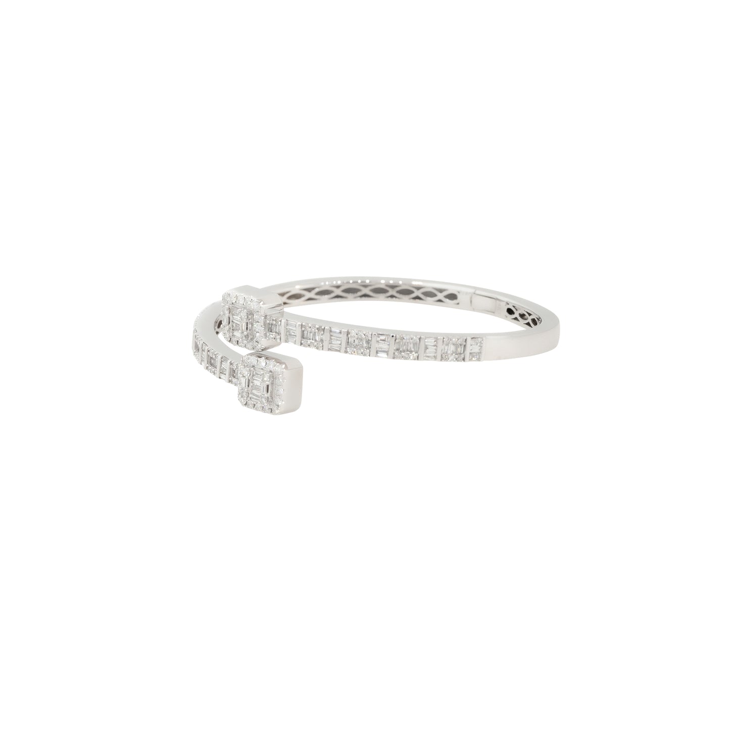 14k White Gold 2.40ctw Round and Baguette Shaped Diamond Cuff Bracelet