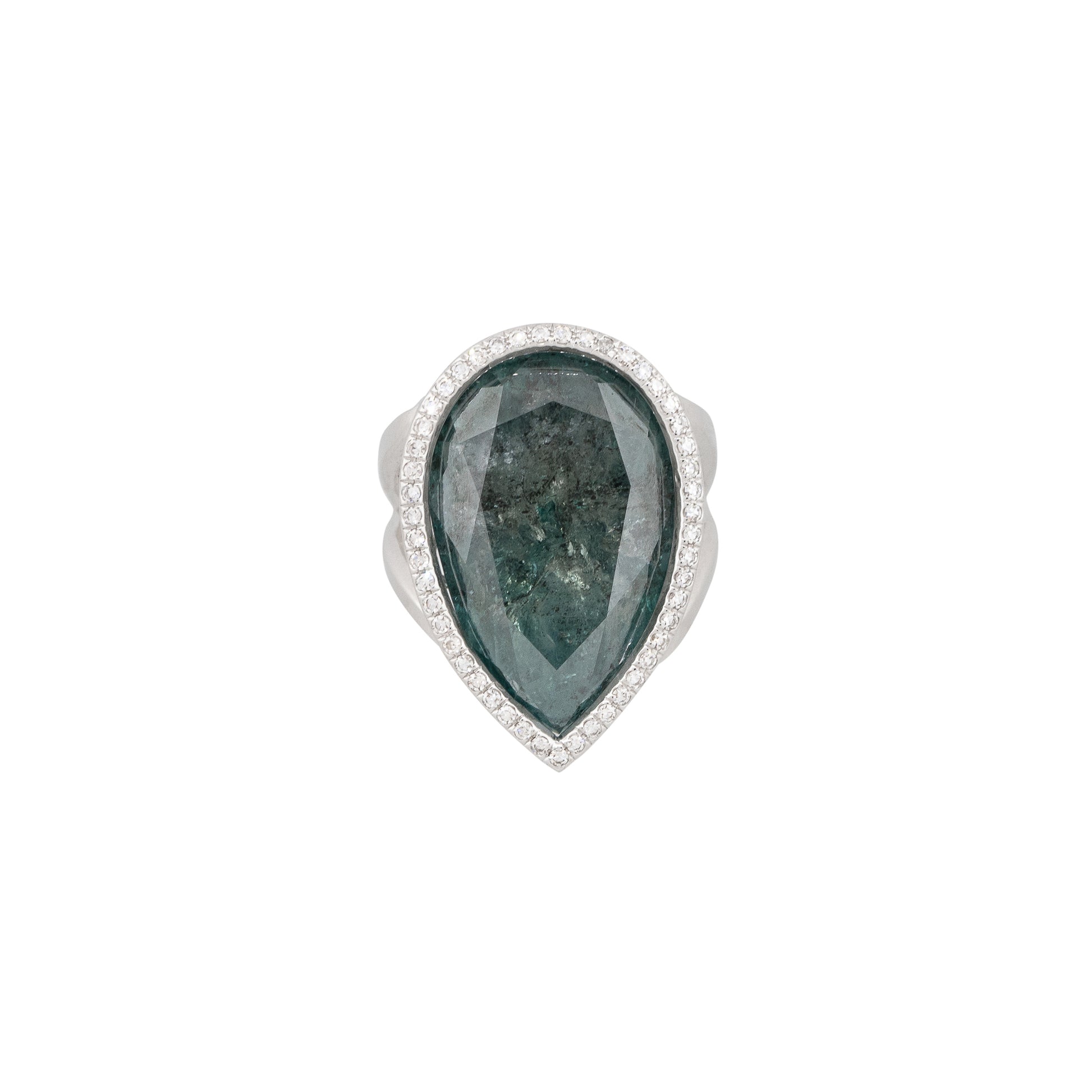 14k White Gold 25.91ctw Blue Green Pear Shaped Diamond Halo Ring