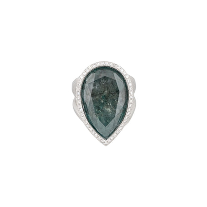 14k White Gold 25.91ctw Blue Green Pear Shaped Diamond Halo Ring