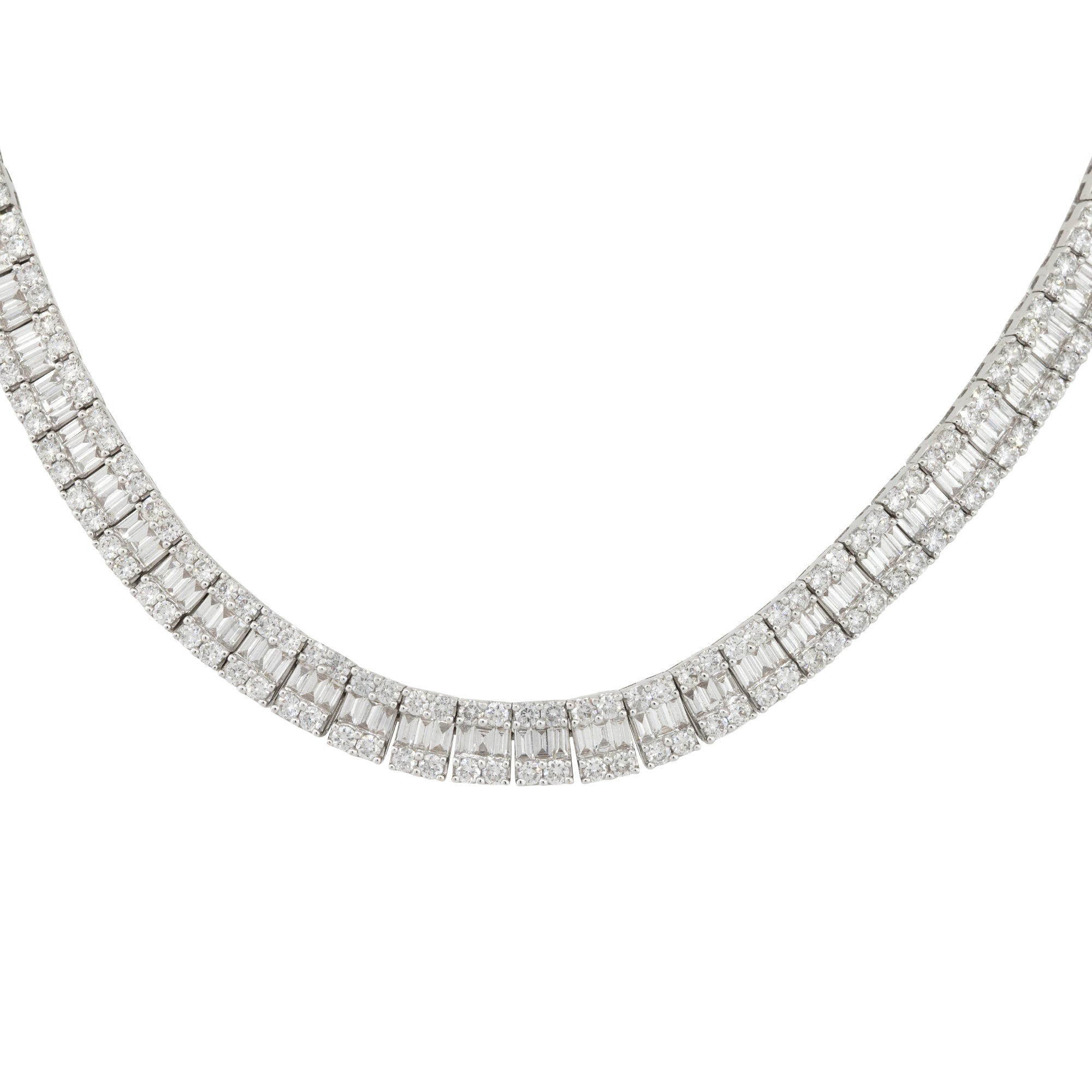 18k White Gold 16.64ctw Baguette and Round Brilliant Diamond 3 Row Tennis Necklace