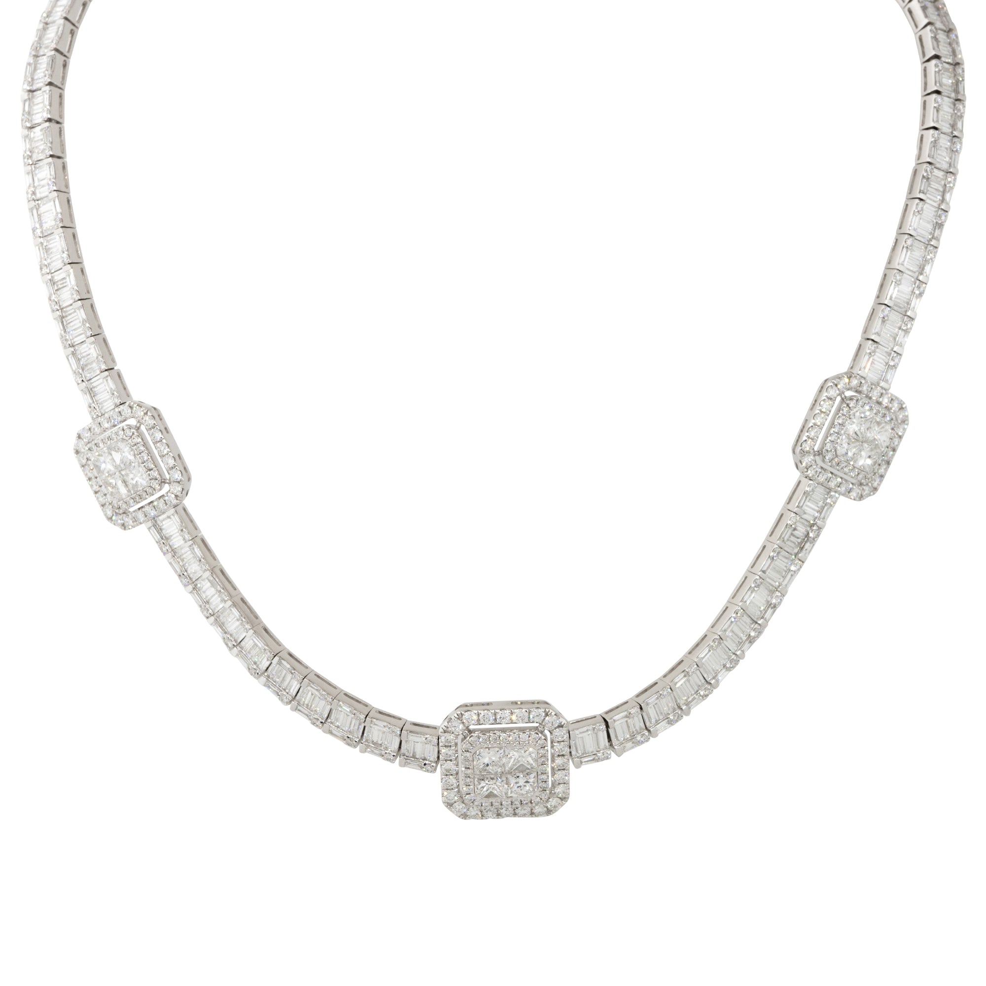 18k White Gold 21.71ctw Baguette, Round Brilliant, and Princess Cut Diamond Station Necklace