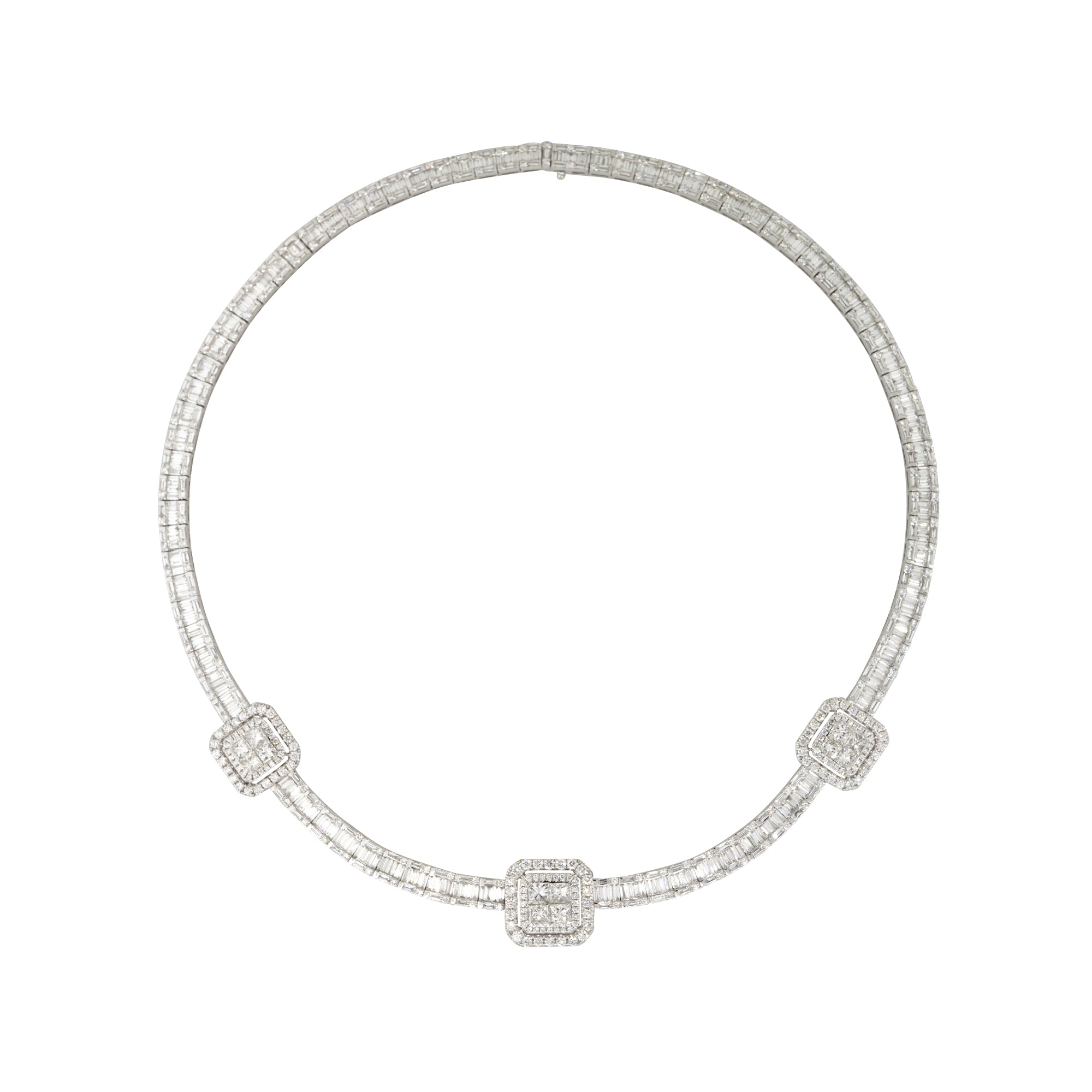 18k White Gold 21.71ctw Baguette, Round Brilliant, and Princess Cut Diamond Station Necklace