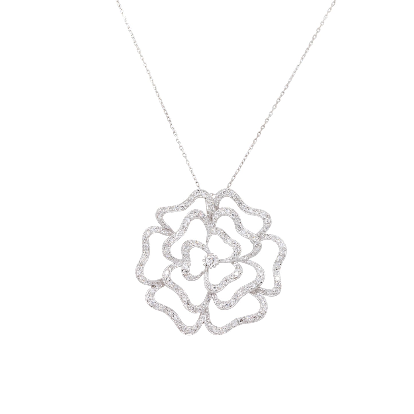 18k White Gold 1.25ctw Pave Diamond Rose Necklace