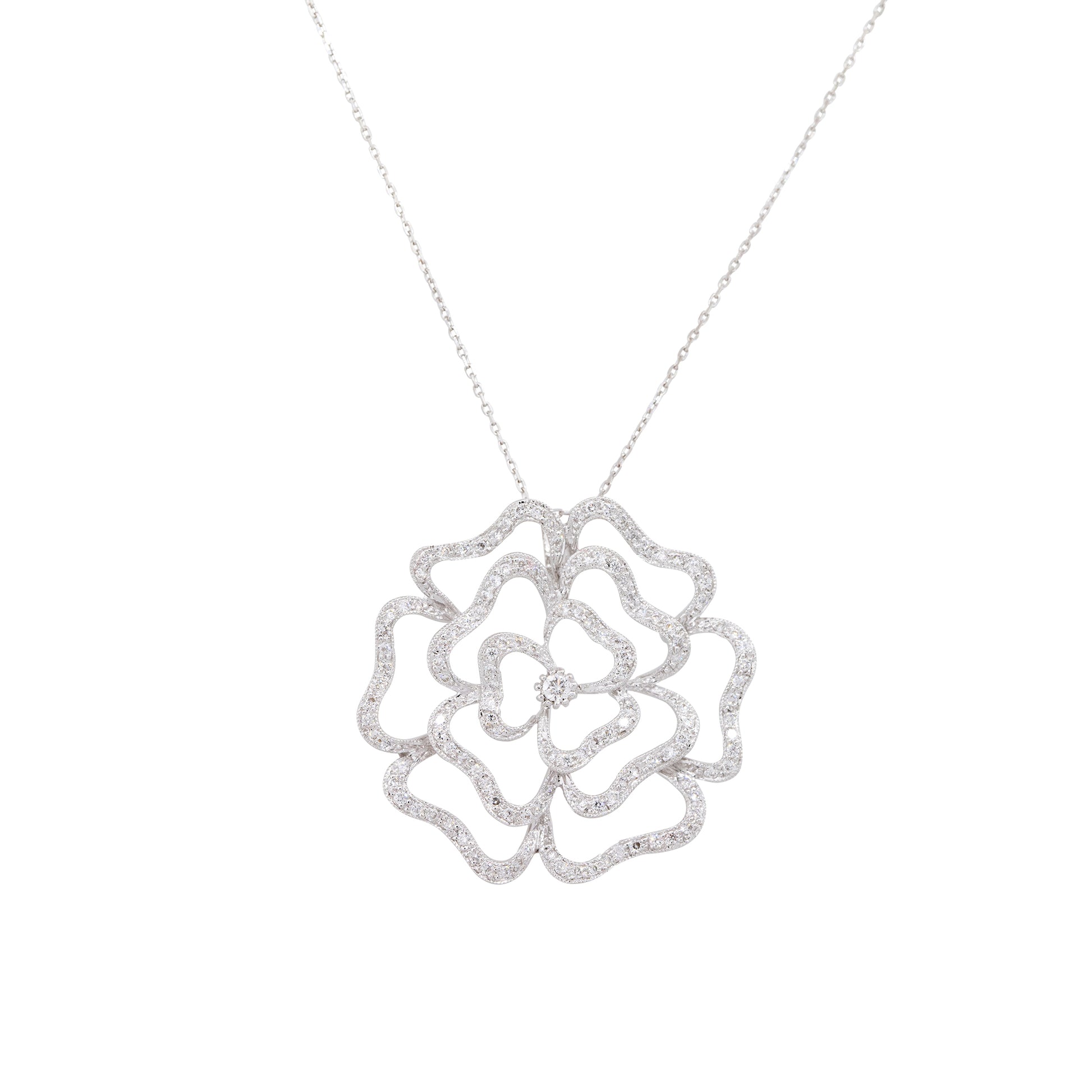 18k White Gold 1.25ctw Pave Diamond Rose Necklace
