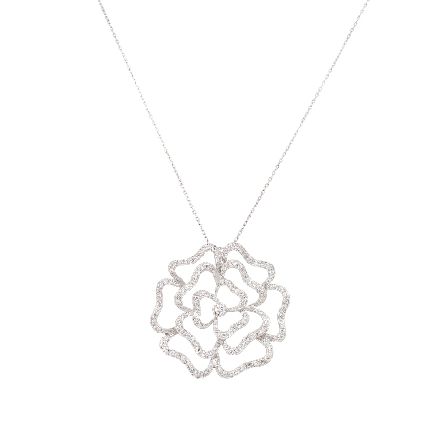 18k White Gold 1.25ctw Pave Diamond Rose Necklace