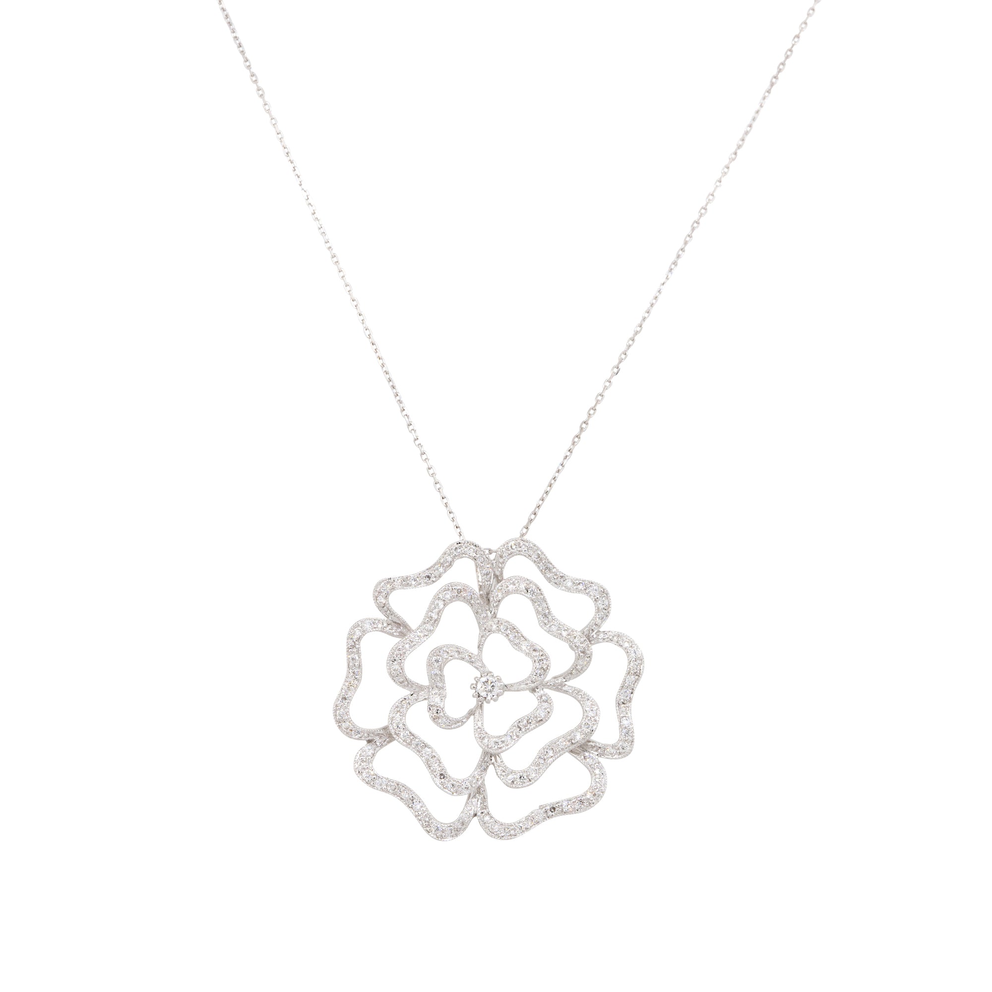18k White Gold 1.25ctw Pave Diamond Rose Necklace