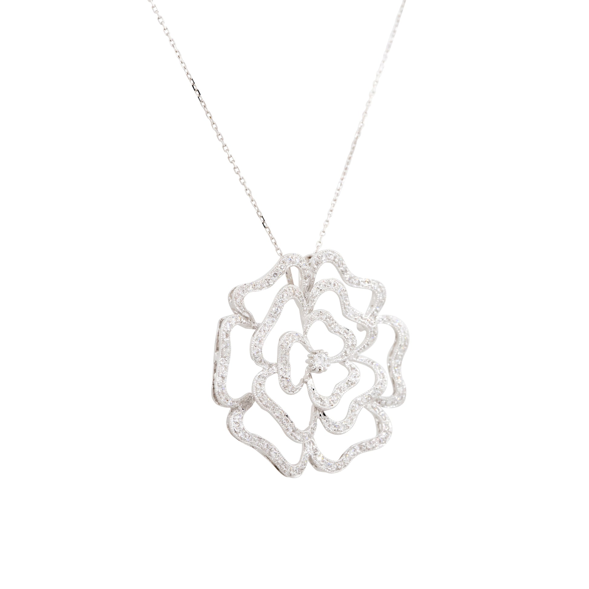 18k White Gold 1.25ctw Pave Diamond Rose Necklace