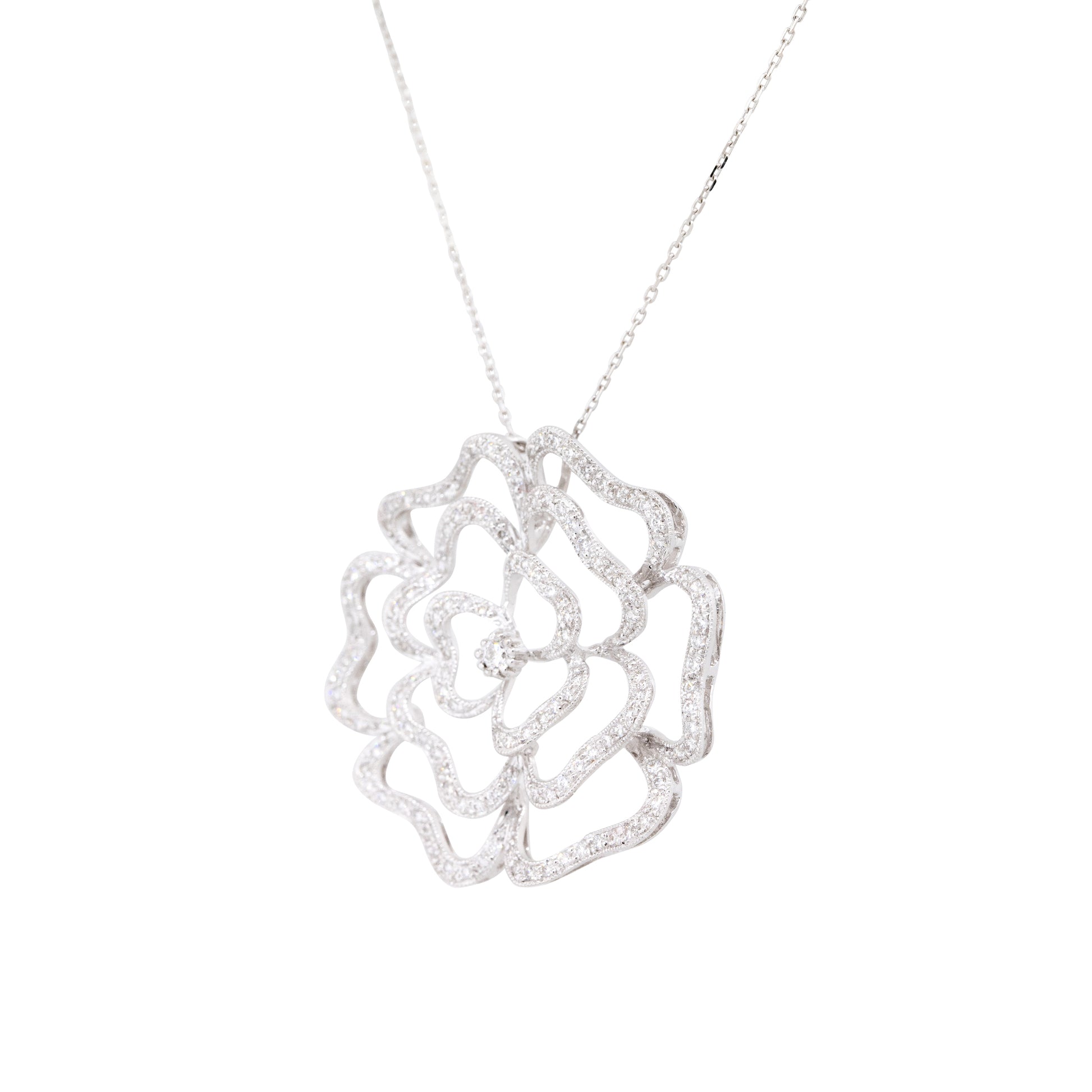 18k White Gold 1.25ctw Pave Diamond Rose Necklace