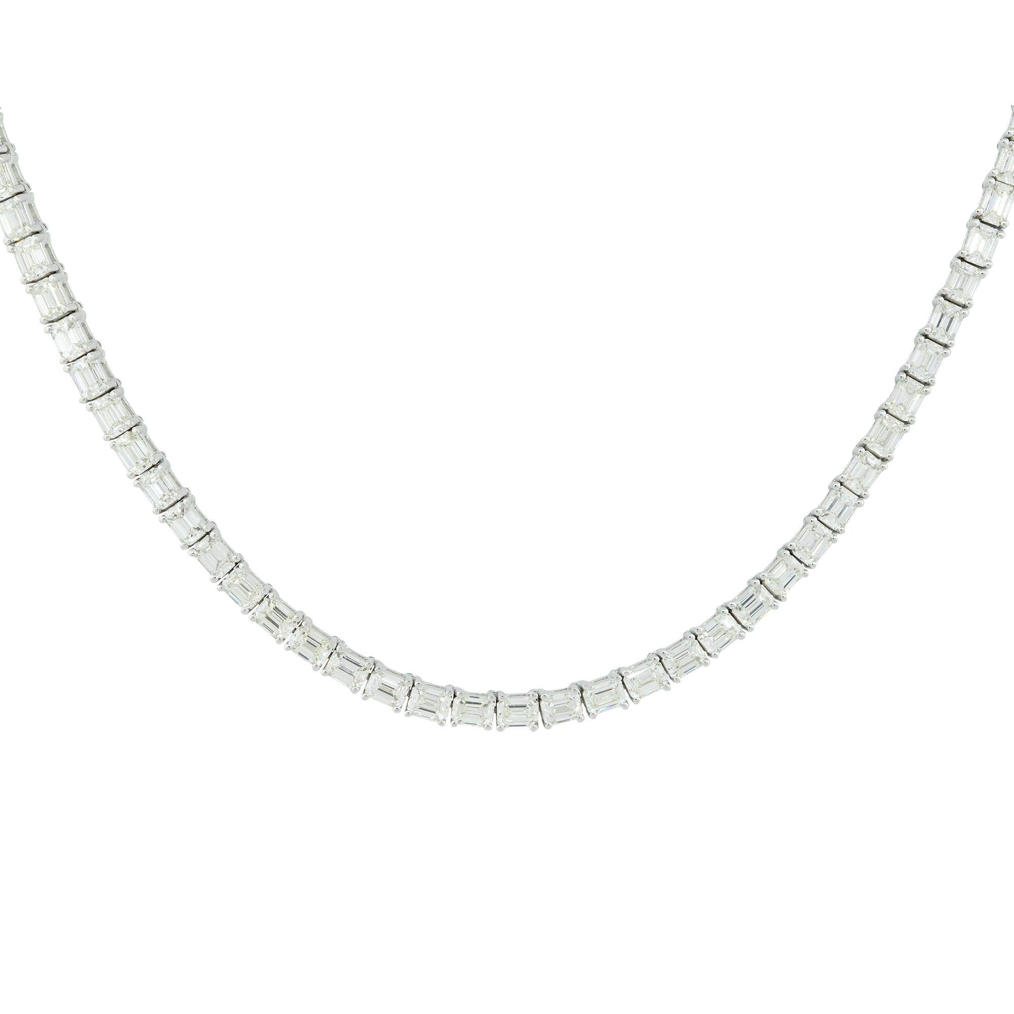 18k White Gold 13.59ctw Emerald Cut Diamond Tennis Necklace