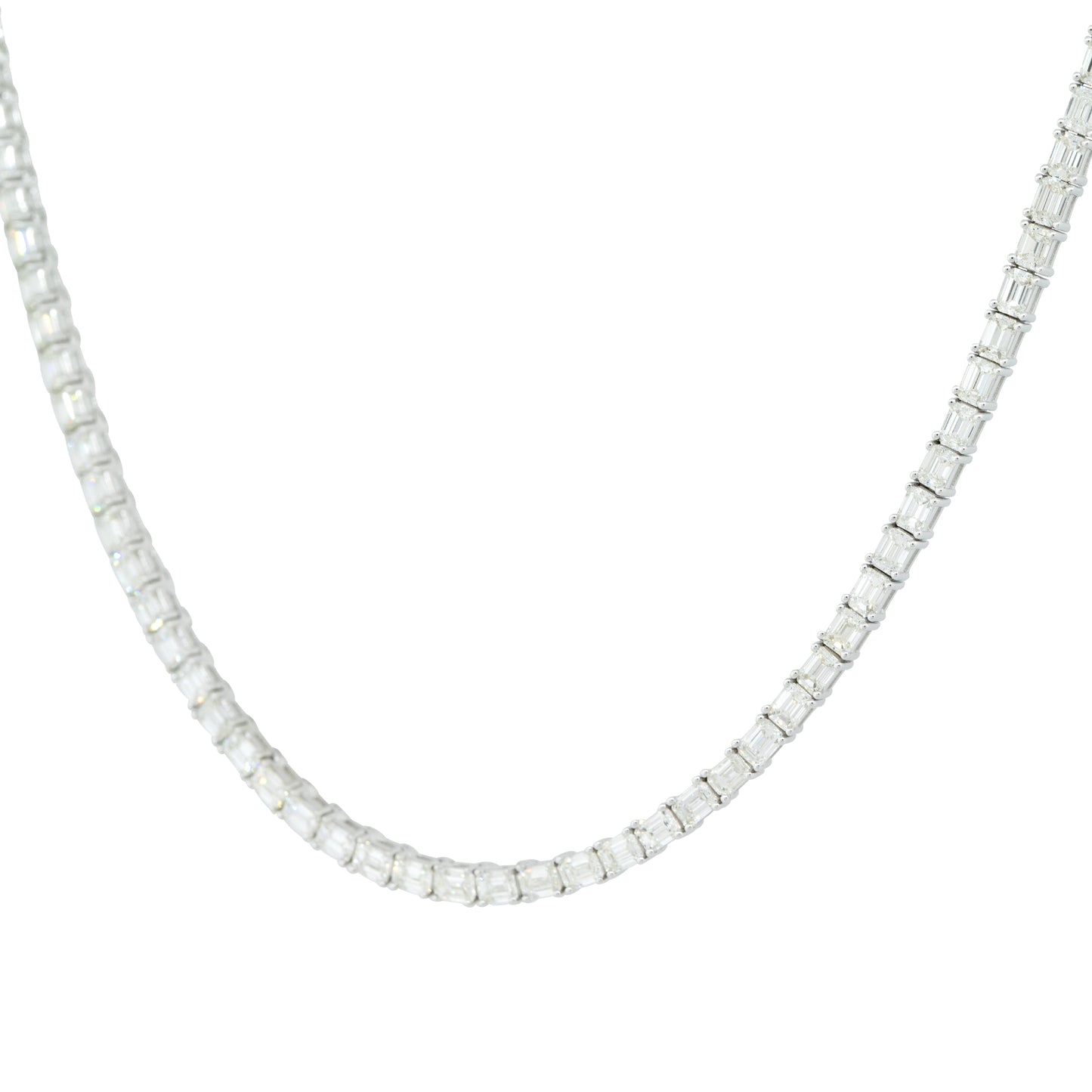 18k White Gold 13.59ctw Emerald Cut Diamond Tennis Necklace