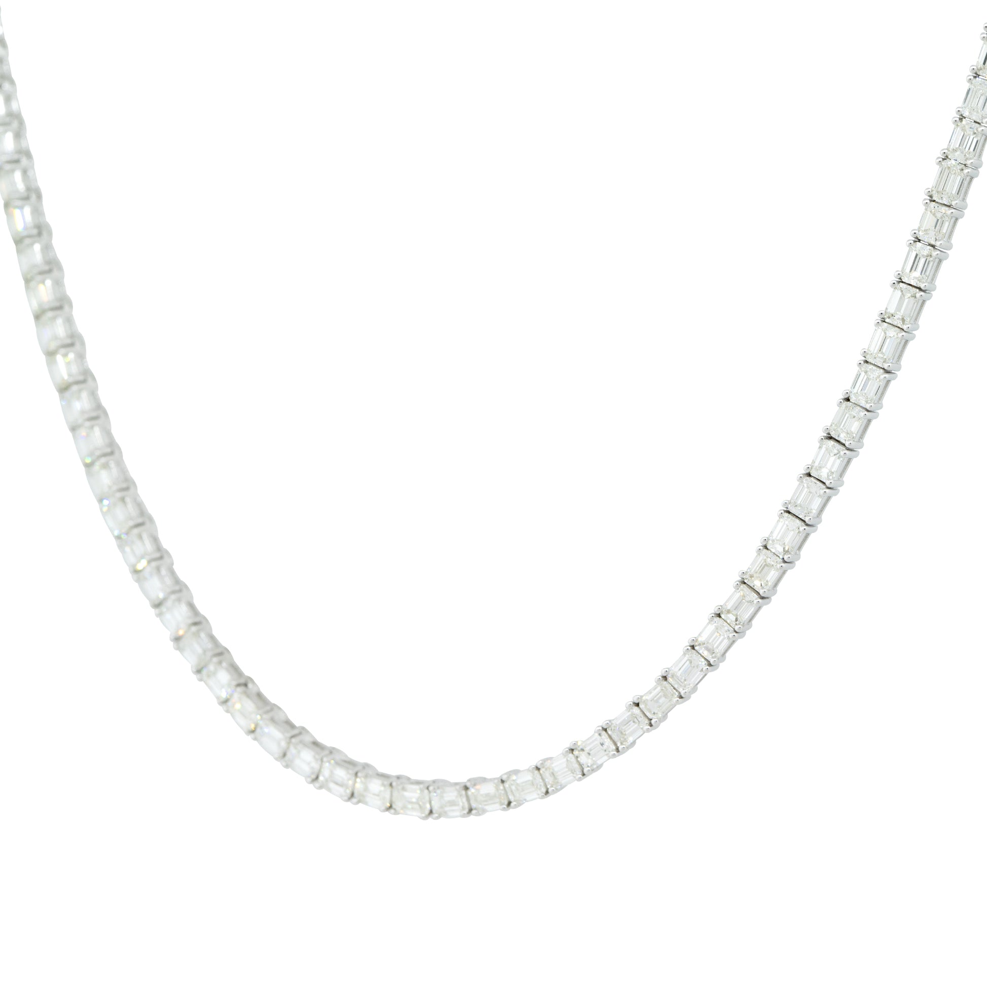 18k White Gold 13.59ctw Emerald Cut Diamond Tennis Necklace