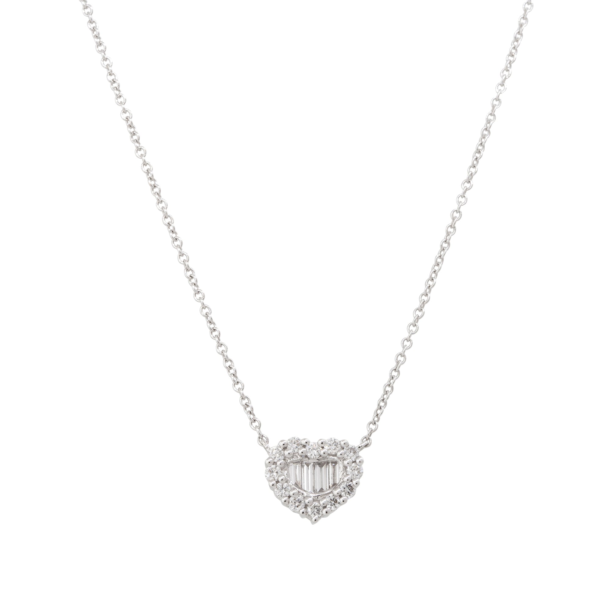 18k White Gold 0.51ctw Round Brilliant & Baguette Diamond Heart Necklace
