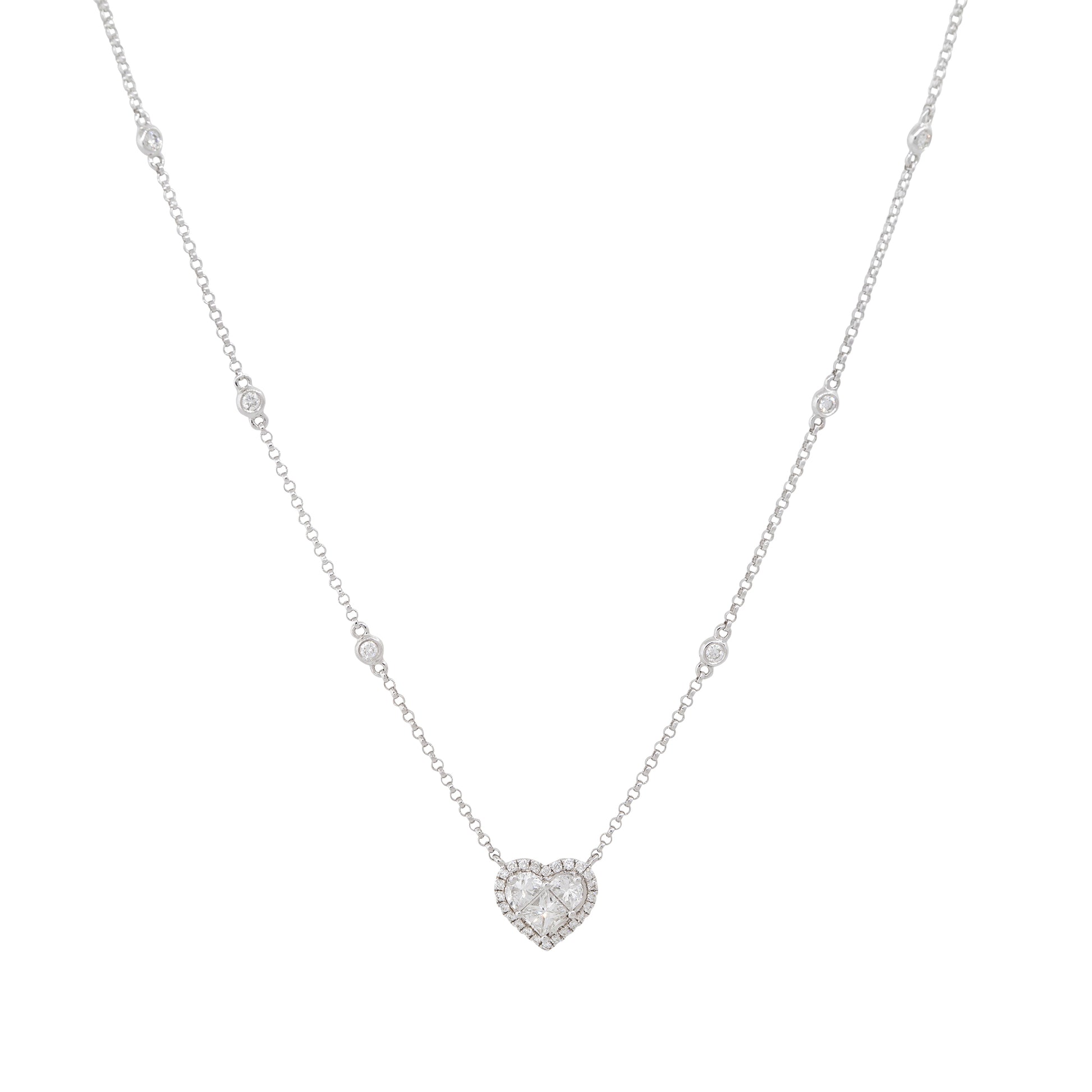 18k White Gold 0.87ctw Diamond Heart and Diamond Station Necklace