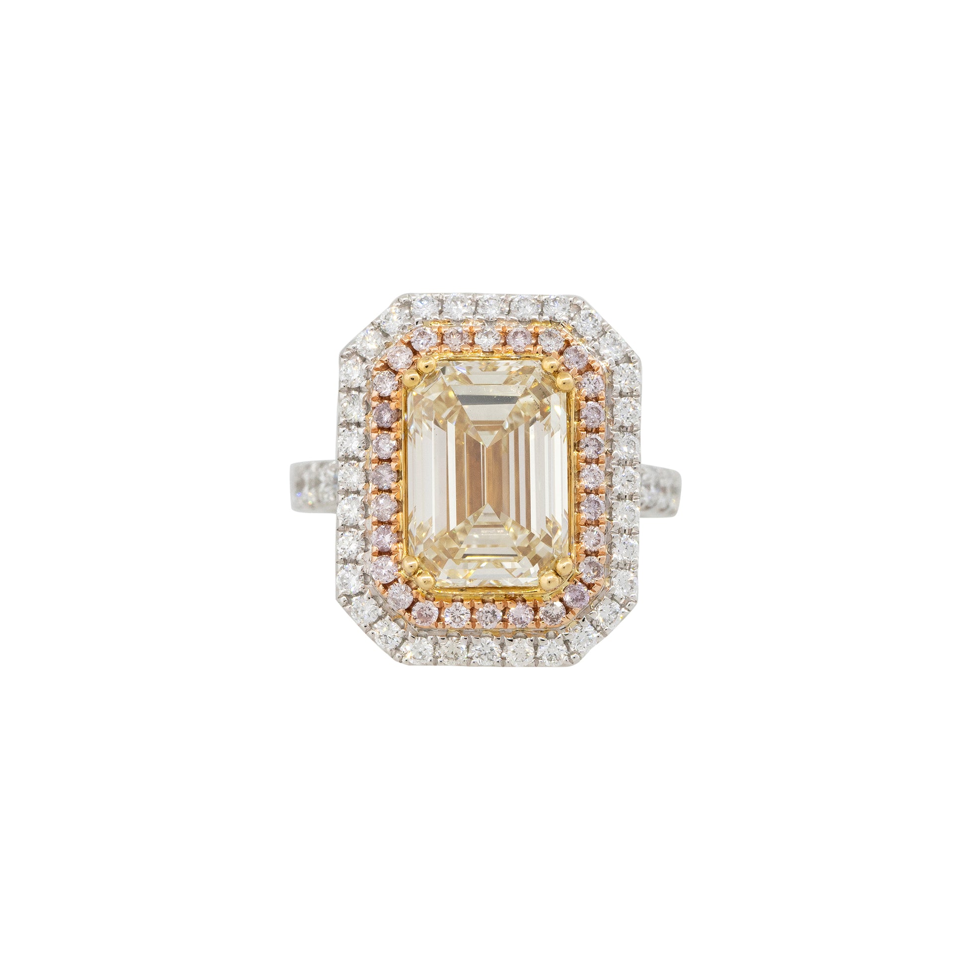 18k Tri-Color Gold 5.01ct Emerald Cut Diamond Double Halo Ring