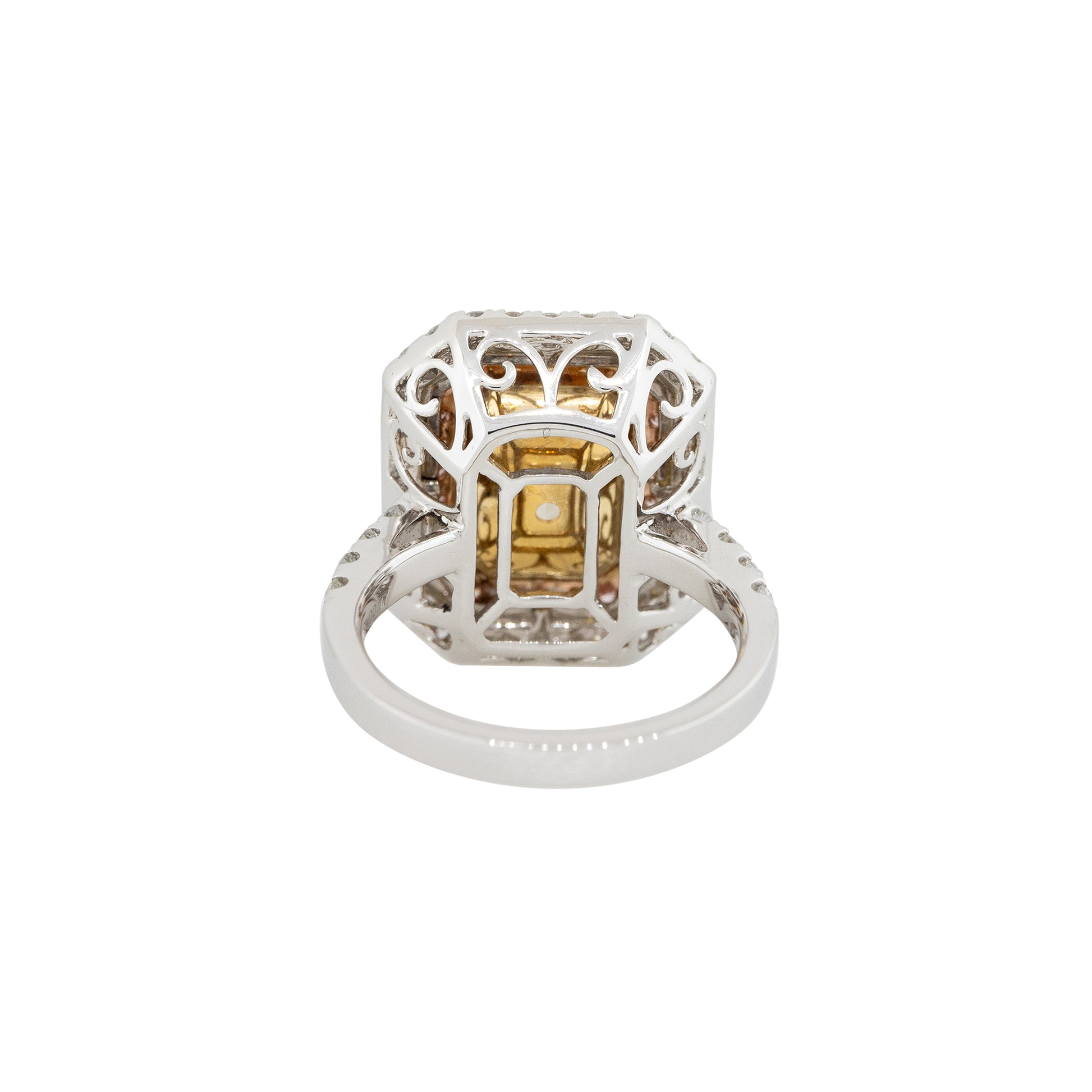 18k Tri-Color Gold 5.01ct Emerald Cut Diamond Double Halo Ring