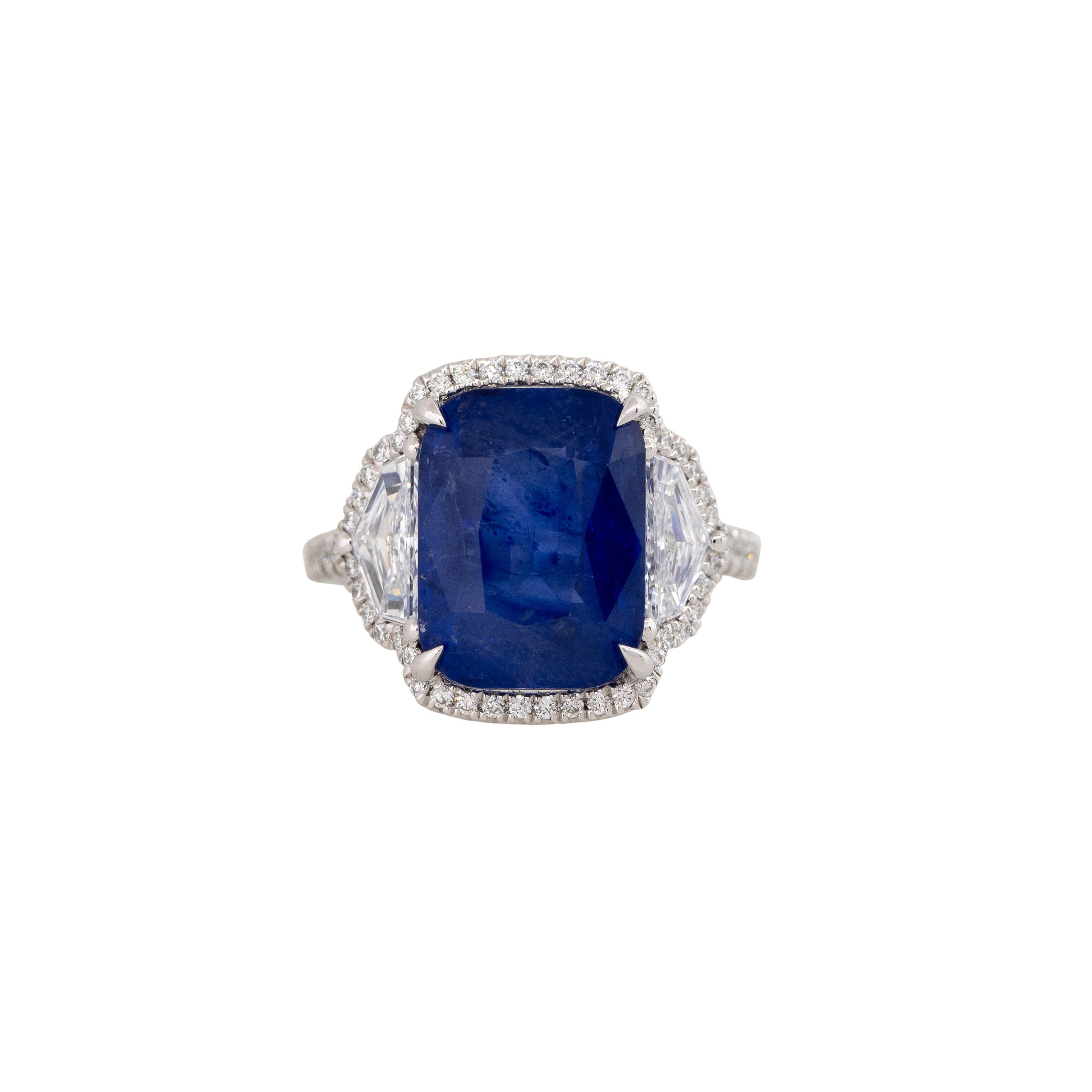 GIA Graded Platinum 9.96ct Cushion Cut Sapphire & 1.2ct Diamond Ring
