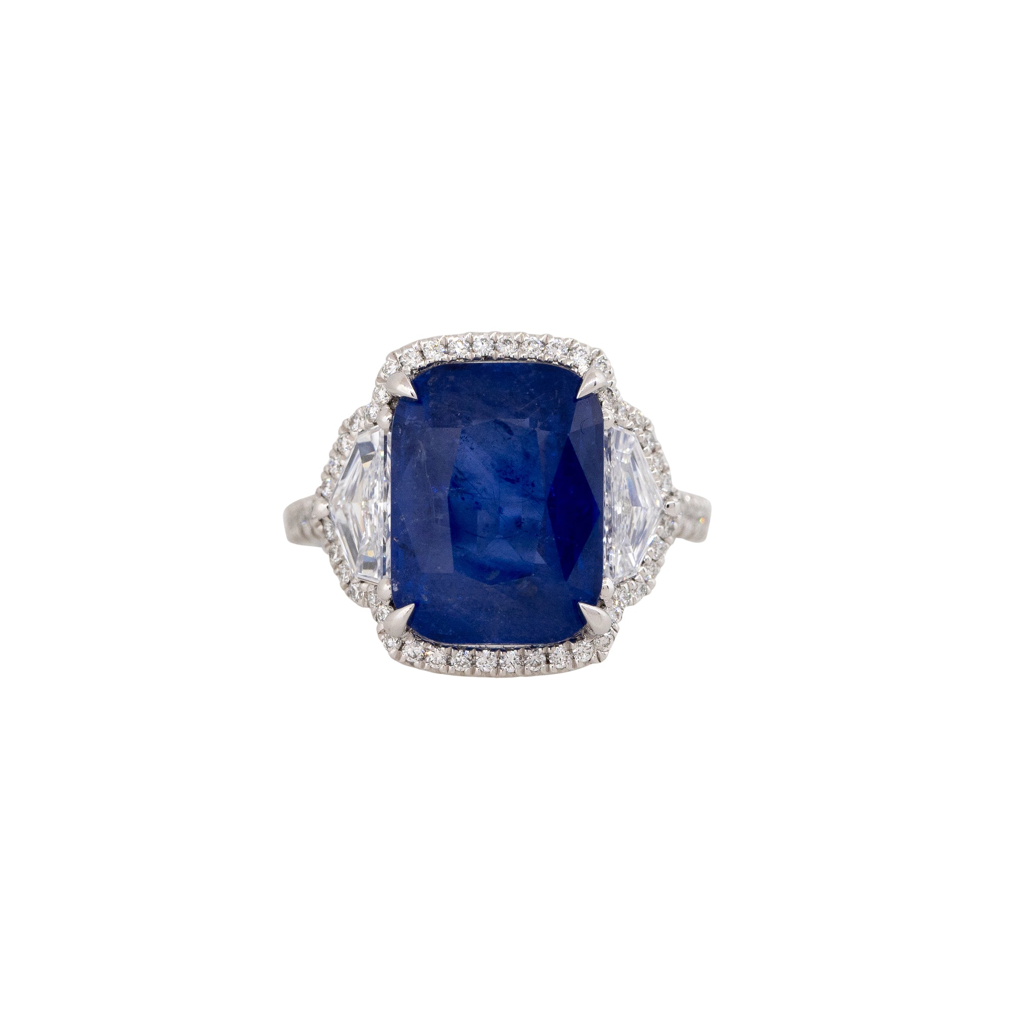GIA Graded Platinum 9.96ct Cushion Cut Sapphire & 1.2ct Diamond Ring