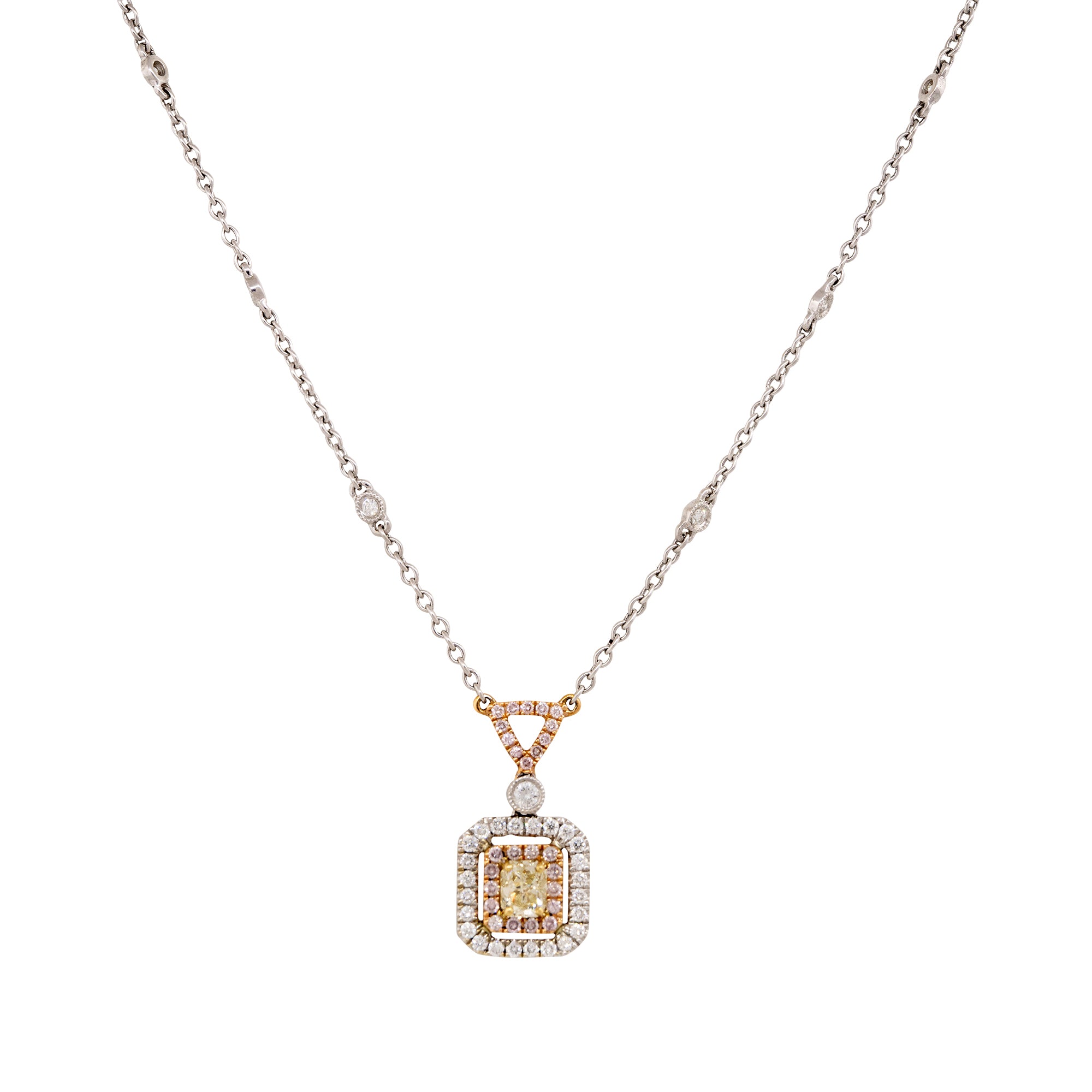 18k White Gold 0.97ctw Pink, Yellow & White Diamond Square Necklace with Diamonds along chain