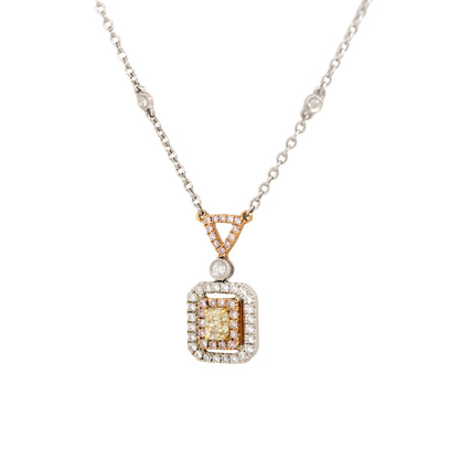 18k White Gold 0.97ctw Pink, Yellow & White Diamond Square Necklace with Diamonds along chain