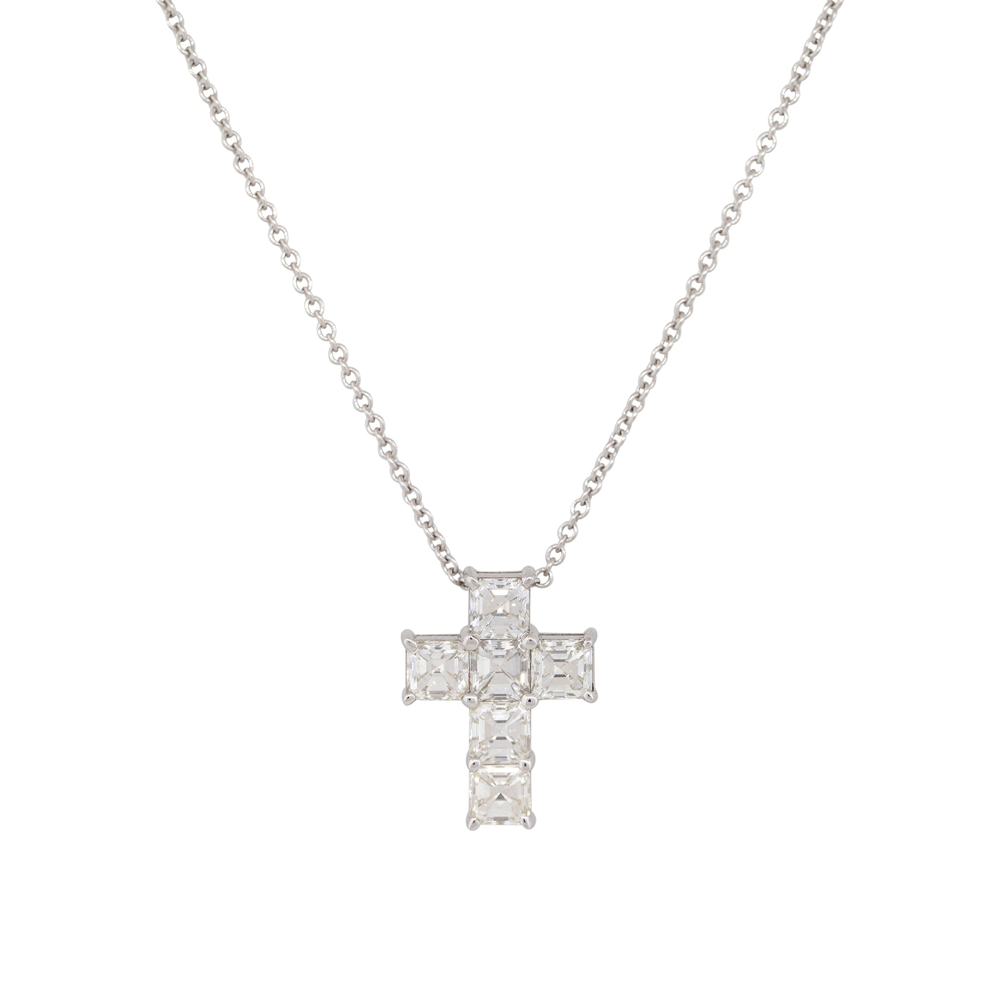 18k White Gold 1.9ct Asscher Cut Diamond Cross Pendant Necklace