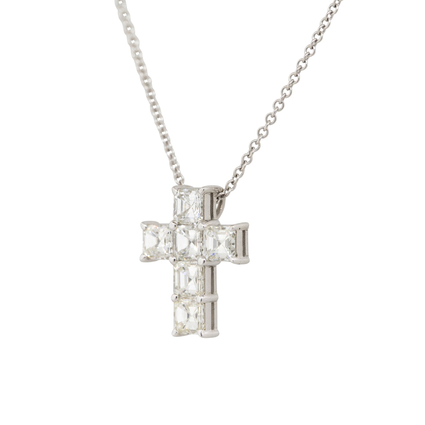 18k White Gold 1.9ct Asscher Cut Diamond Cross Pendant Necklace