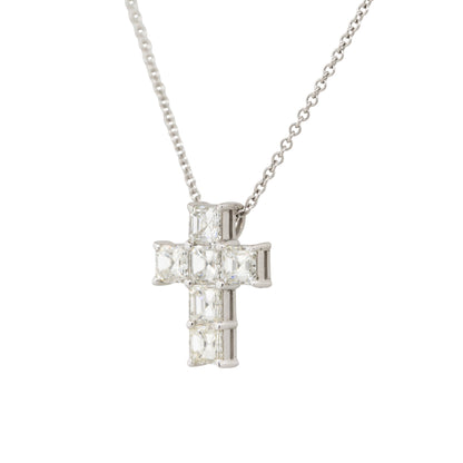 18k White Gold 1.9ct Asscher Cut Diamond Cross Pendant Necklace