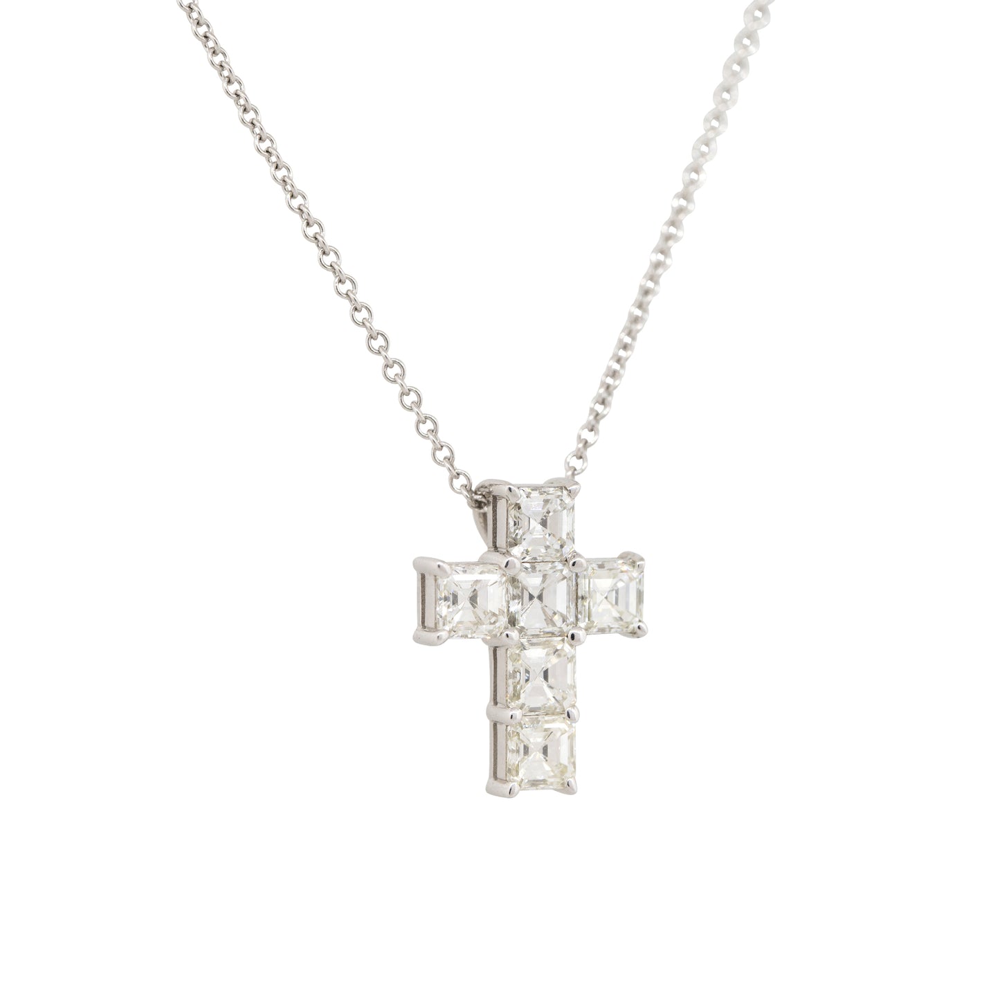 18k White Gold 1.9ct Asscher Cut Diamond Cross Pendant Necklace