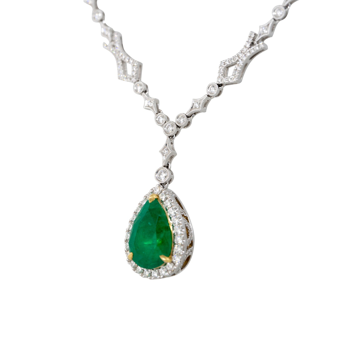 GIA 18k Two-Tone Gold 5.80ctw Pear-Shape Emerald & 1.31ctw Diamond Halo Drop Necklace 
