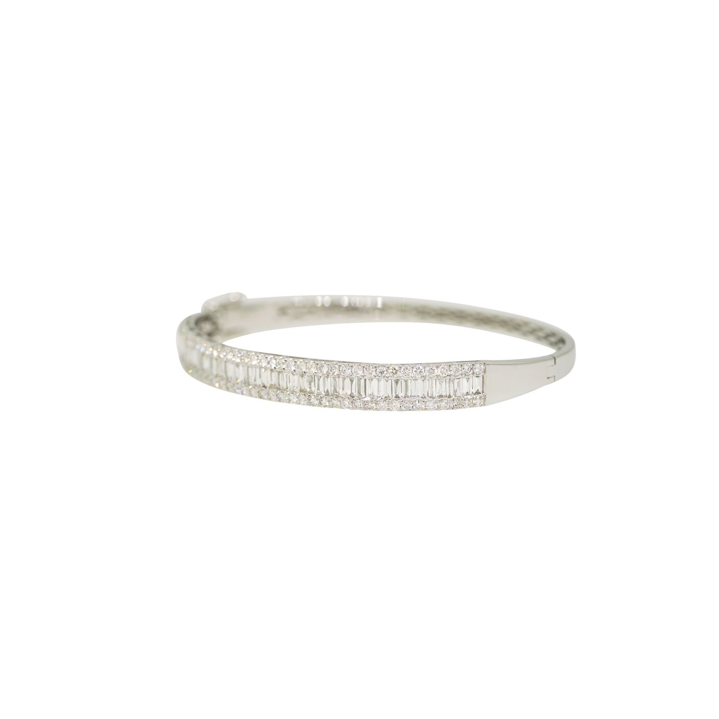 14k White Gold 3.5ctw Natural Round Brilliant & Baguette Cut Diamond Bangle Bracelet