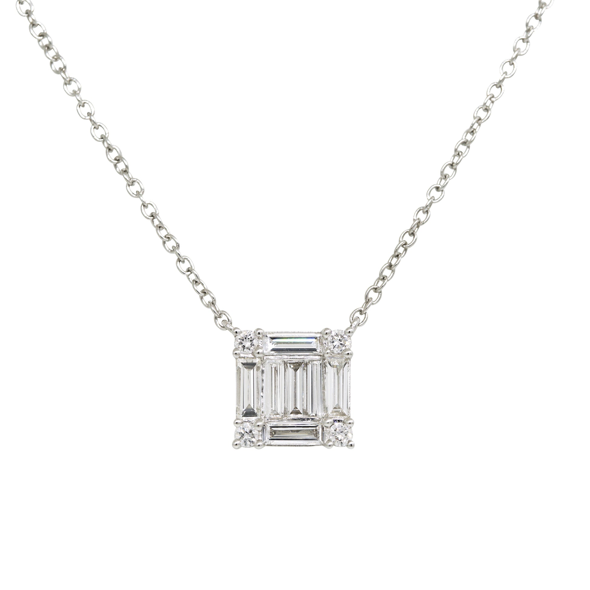 18k White Gold 0.74ctw Round Brilliant & Baguette Diamond Square Necklace