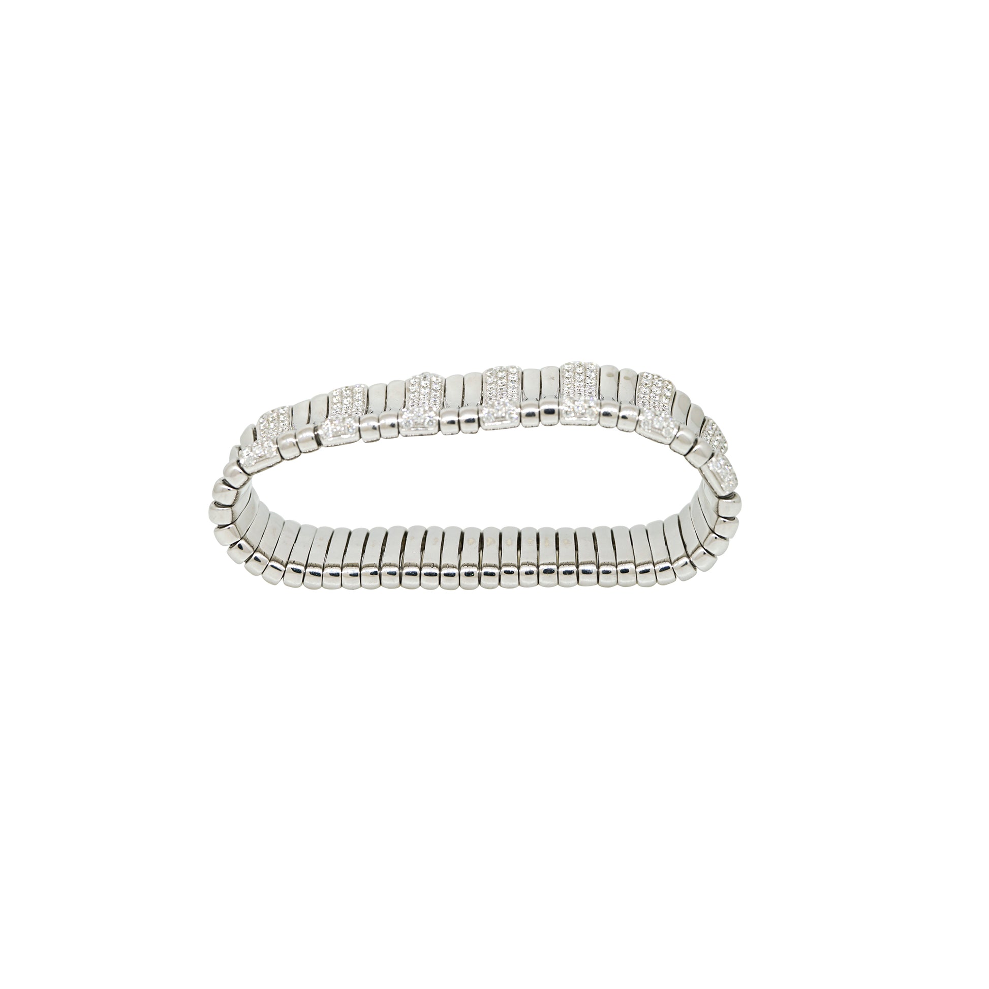 18k White Gold 6.19 Carat Natural Diamond 7 Station Ribbed Stretchable Bracelet