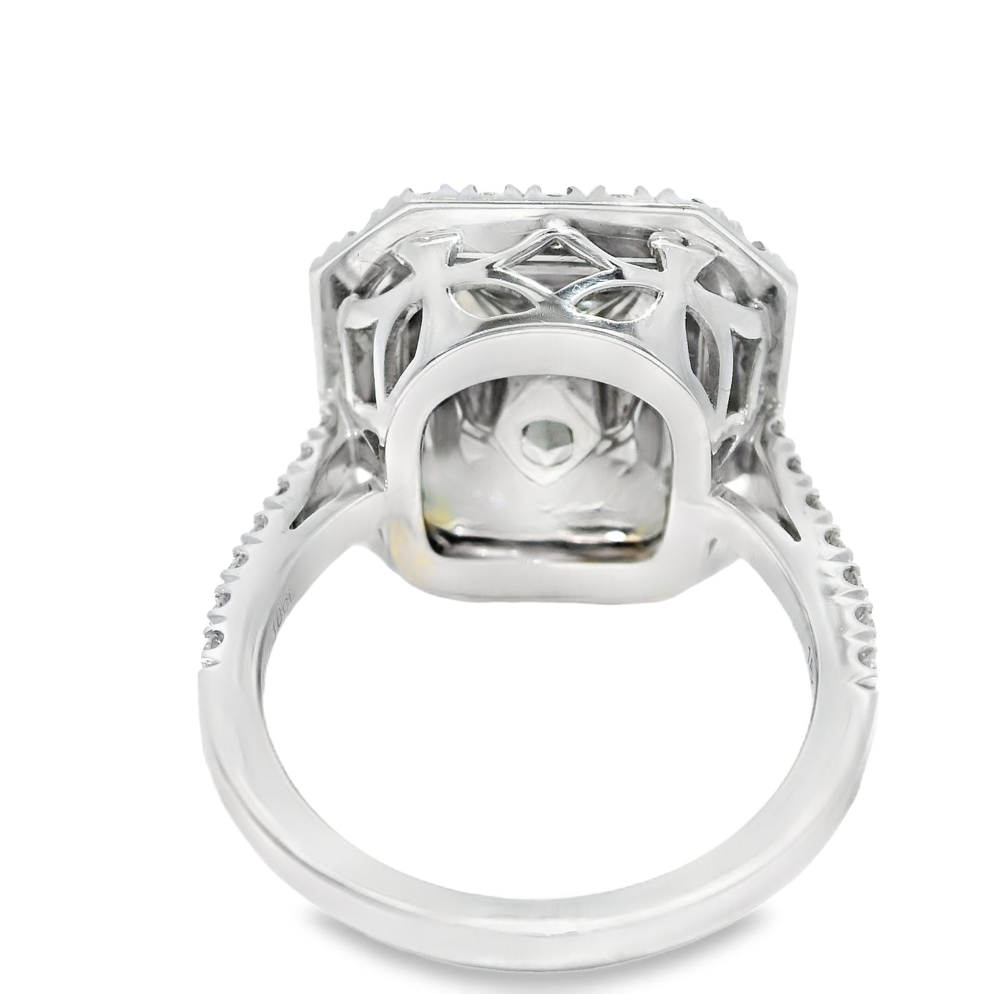 GIA 18k White Gold Natural Green 4.15 Carat Radiant Cut Diamond Double Halo Ring