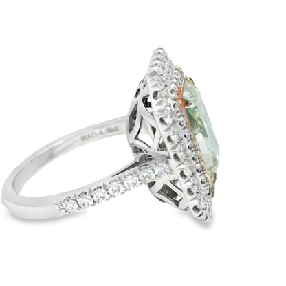 GIA 18k White Gold Natural Green 4.15 Carat Radiant Cut Diamond Double Halo Ring