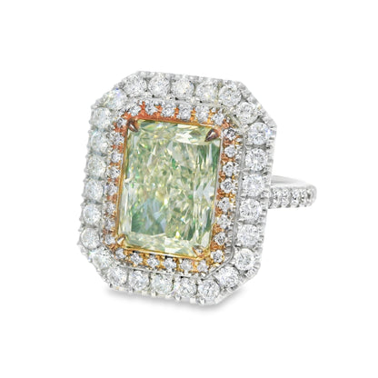 GIA 18k White Gold Natural Green 4.15 Carat Radiant Cut Diamond Double Halo Ring