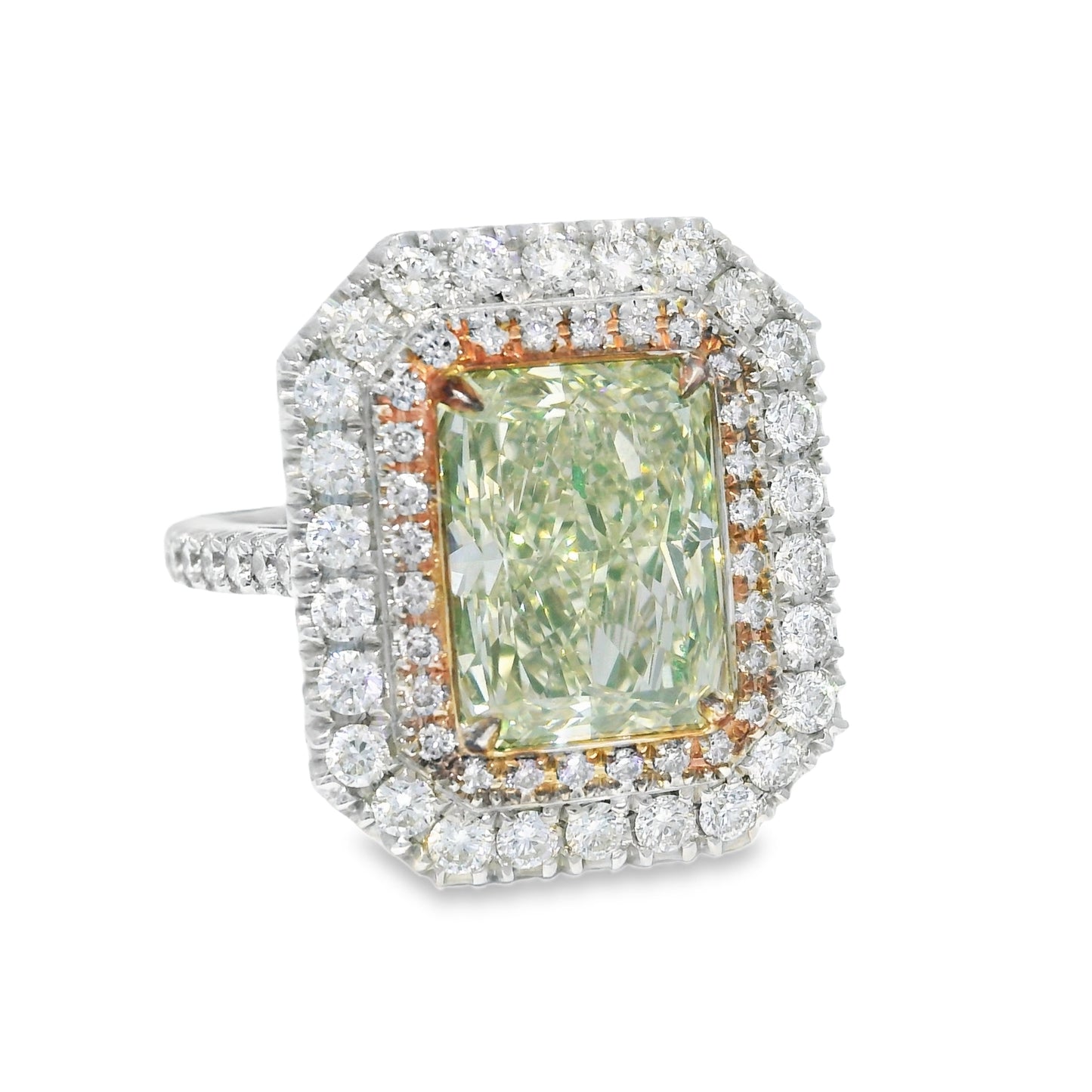 GIA 18k White Gold Natural Green 4.15 Carat Radiant Cut Diamond Double Halo Ring