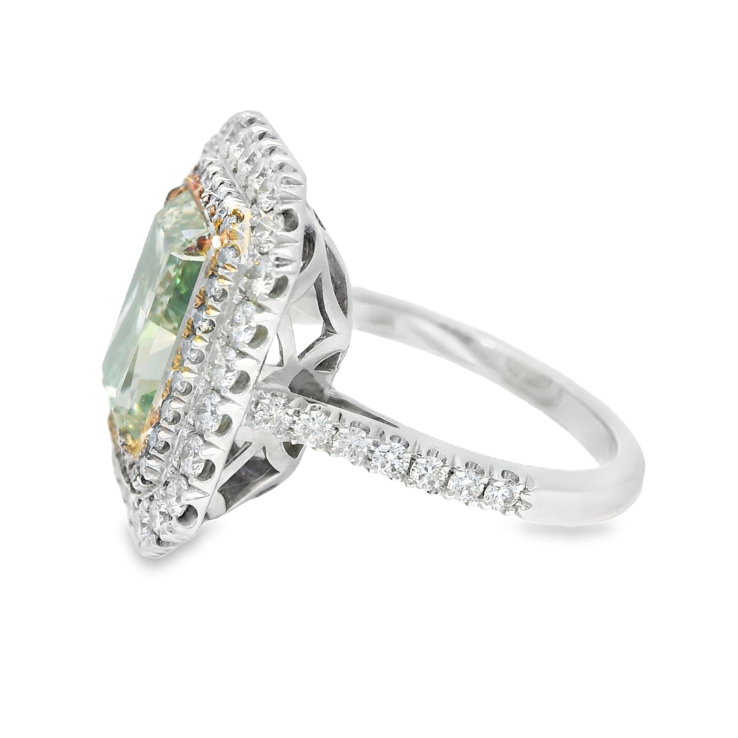 GIA 18k White Gold Natural Green 4.15 Carat Radiant Cut Diamond Double Halo Ring