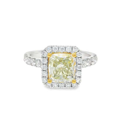 18k White Gold Natural Yellow 1.77 Carat Radiant Cut Diamond Halo Engagement Ring